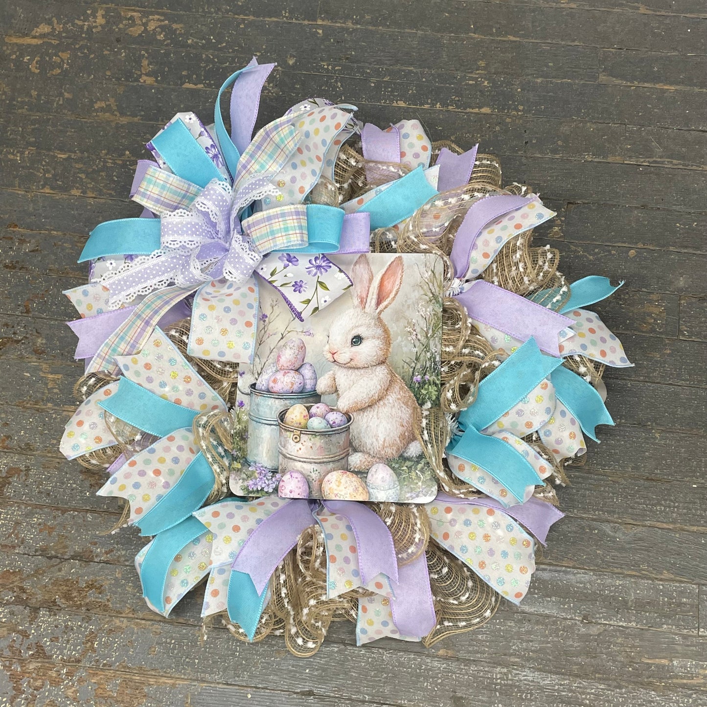 Spring Easter Bunny Rabbit Seasonal Holiday Wreath Door Hanger Blue Purple