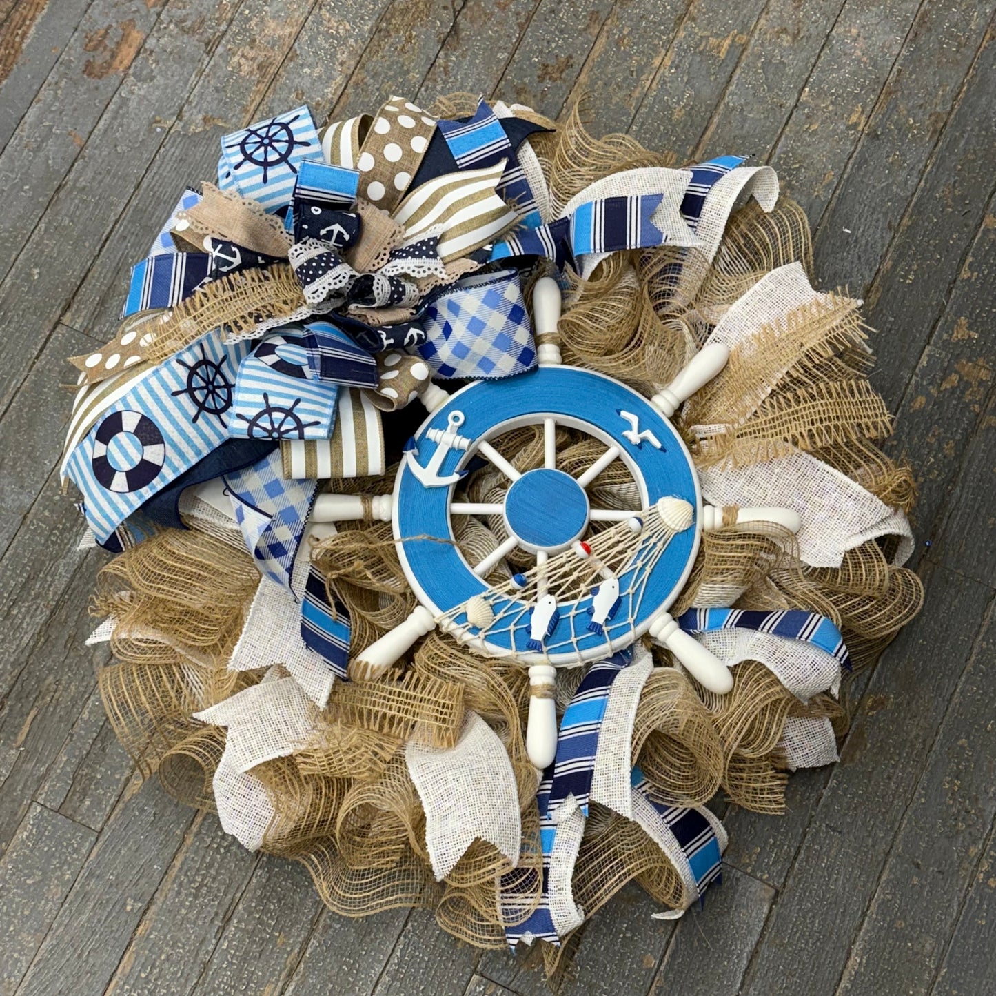 Nautical Ship Bright Blue Wheel Holiday Wreath Door Hanger