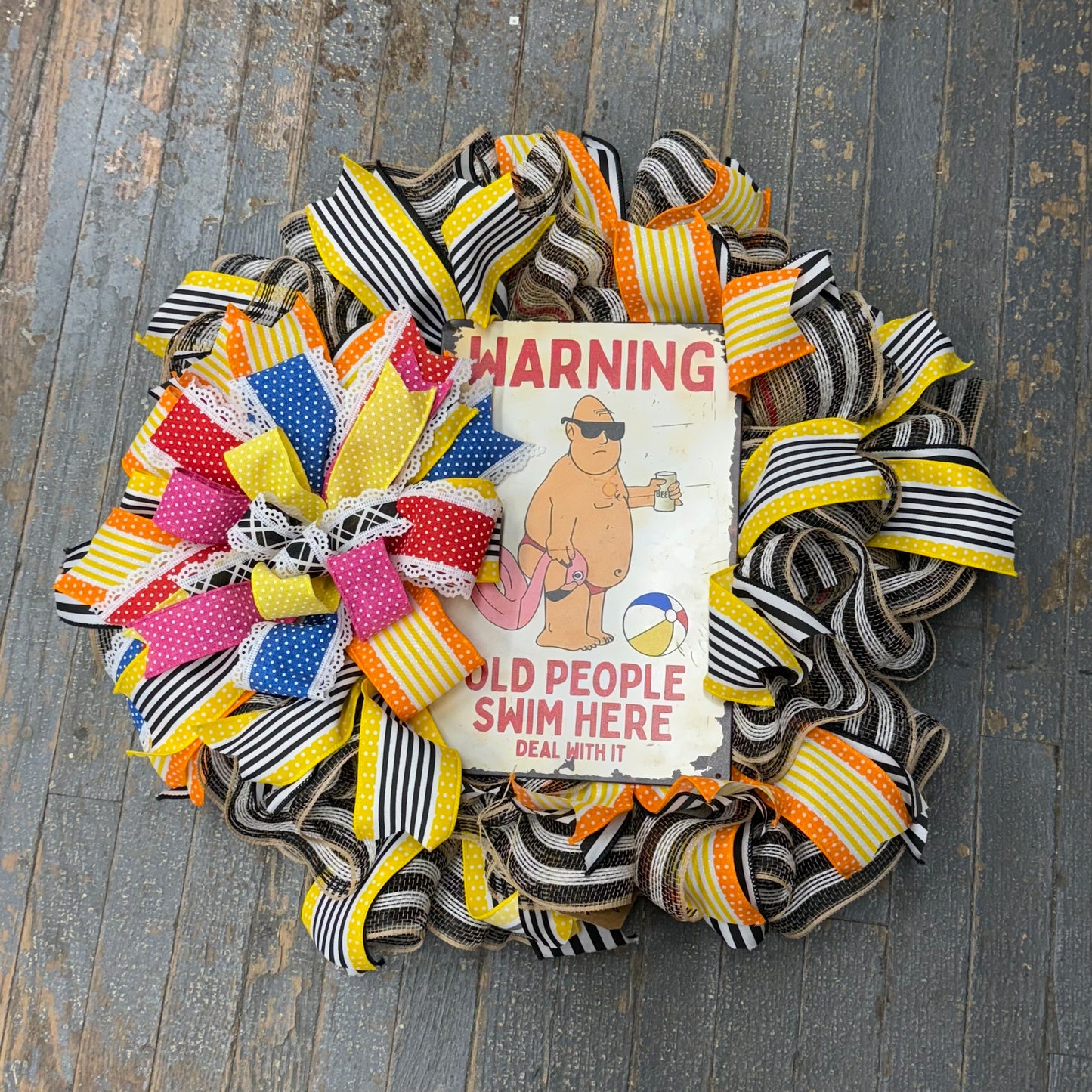 Old People Swim Here Holiday Wreath Door Hanger