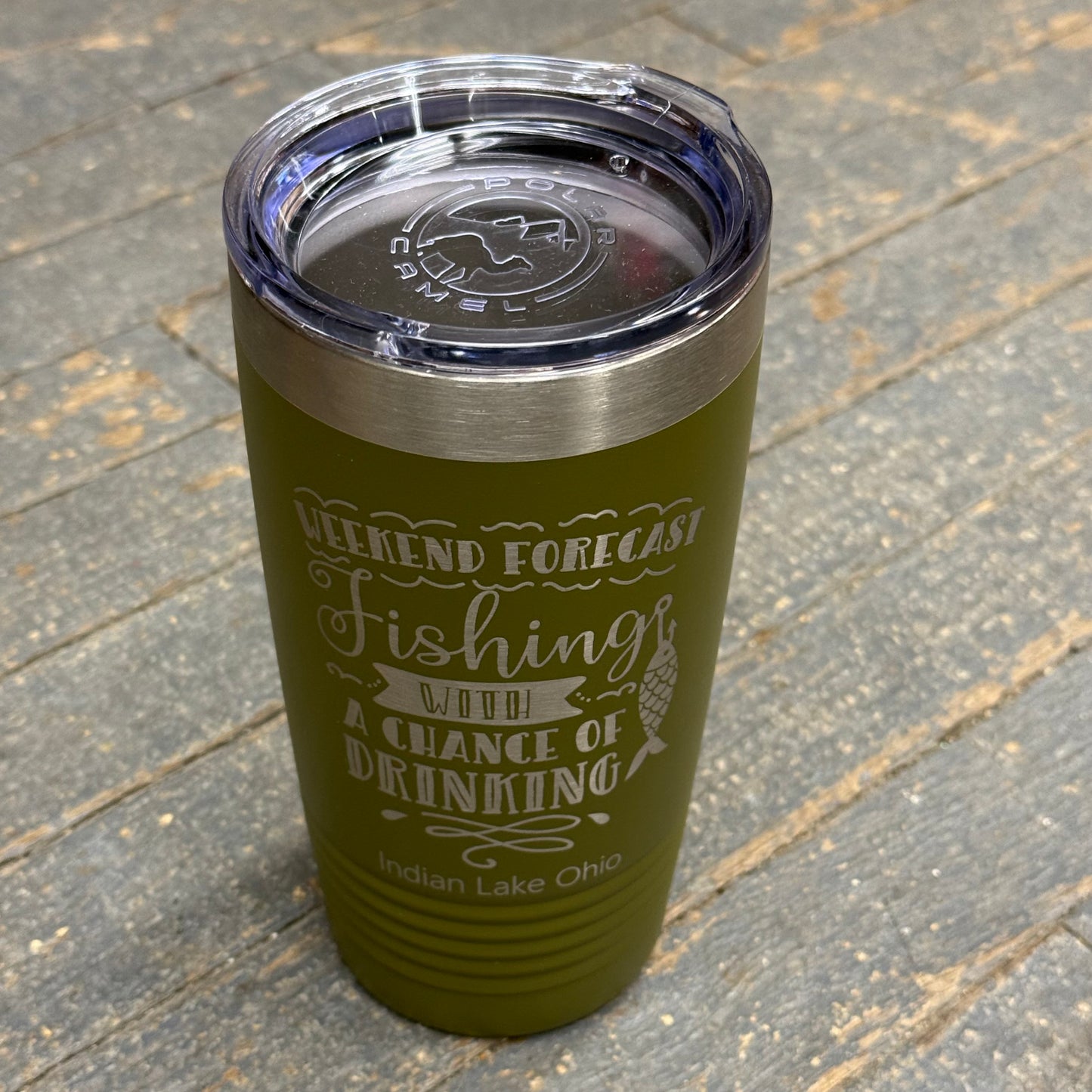 Weekend Forecast Fishing Indian Lake Ohio Laser Engraved Stainless Steel 20oz Wine Beverage Drink Travel Tumbler Moss Green