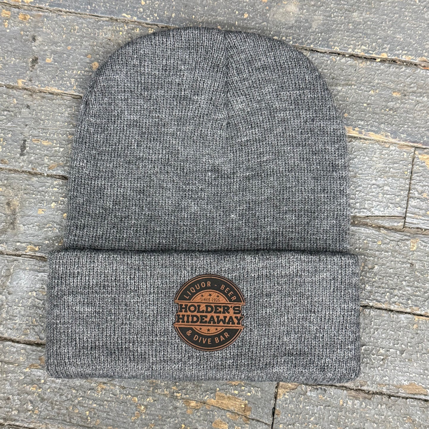 Holders Hideaway Leather Patch Beanie Ball Cap Fold Over Grey