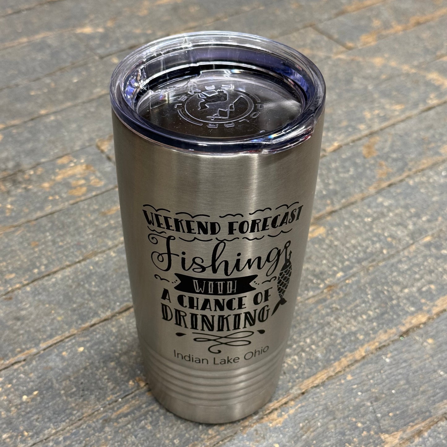 Weekend Forecast Fishing Indian Lake Ohio Laser Engraved Stainless Steel 20oz Wine Beverage Drink Travel Tumbler Silver