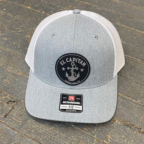 El Capitan Indian Lake OH Leather Patch Trucker Ball Cap Grey White