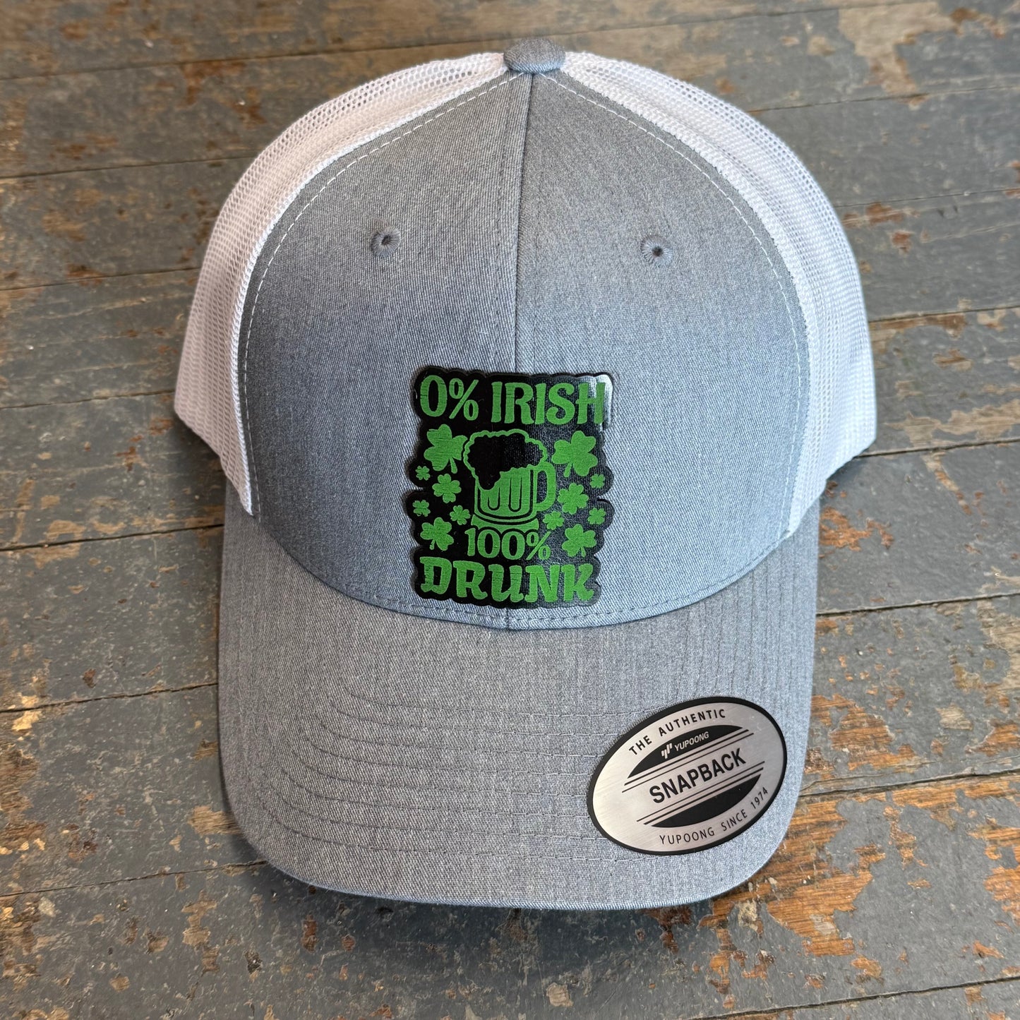 Irish Drunk Leather Patch Trucker Ball Cap Grey White