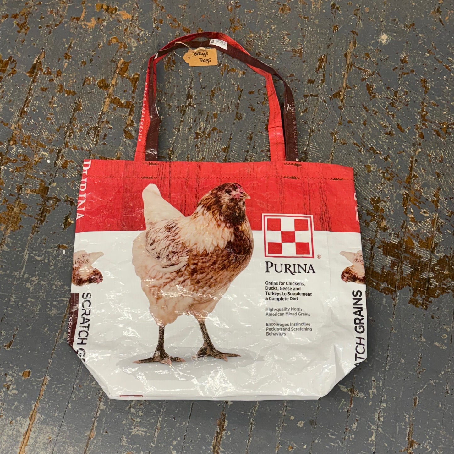 Upcycled Tote Purse Feed Bag Handmade Large Purina Red Blue Chicken Seed Handle Bag