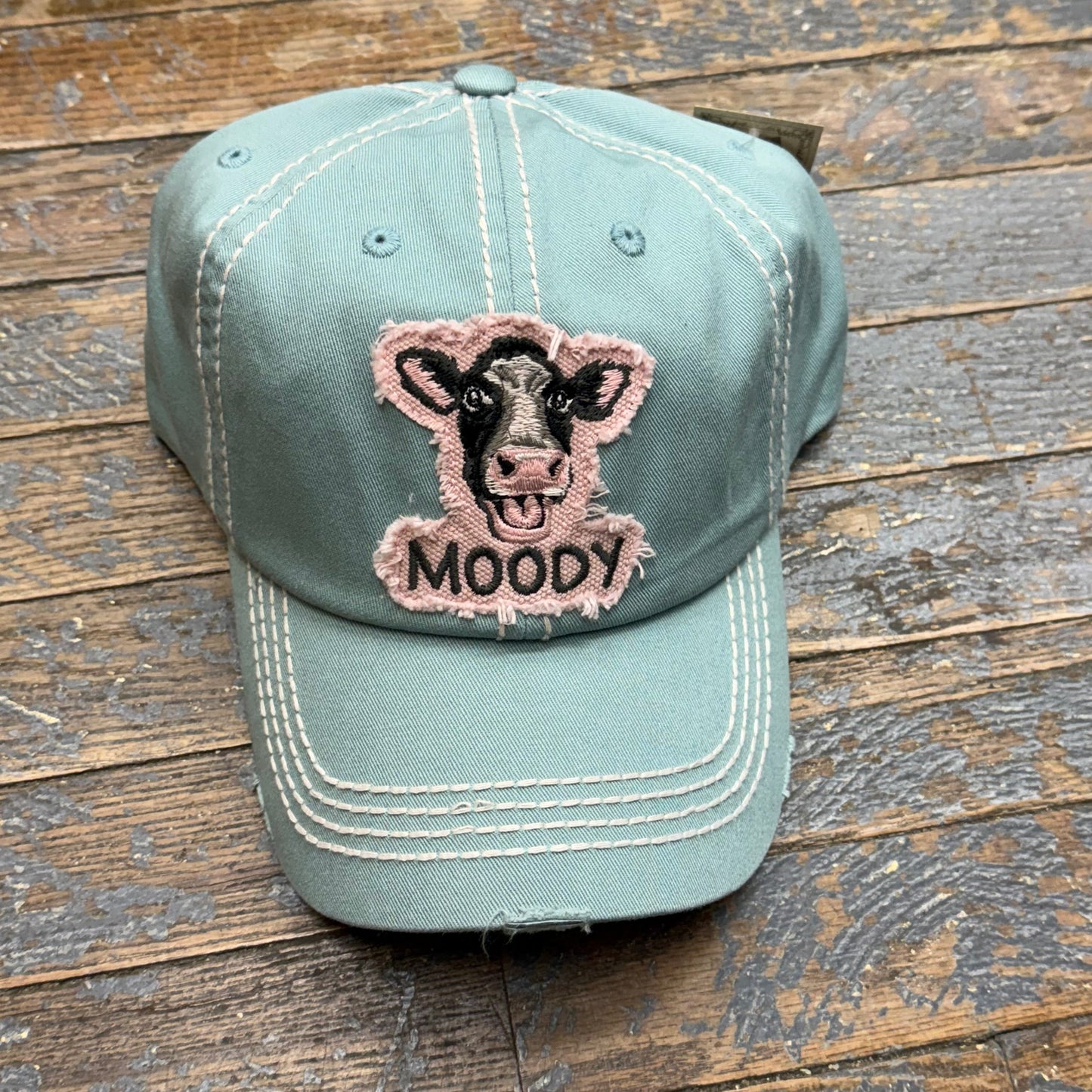 Moody Heifer Cow Patch Rugged Slate Teal Blue Embroidered Ball Cap