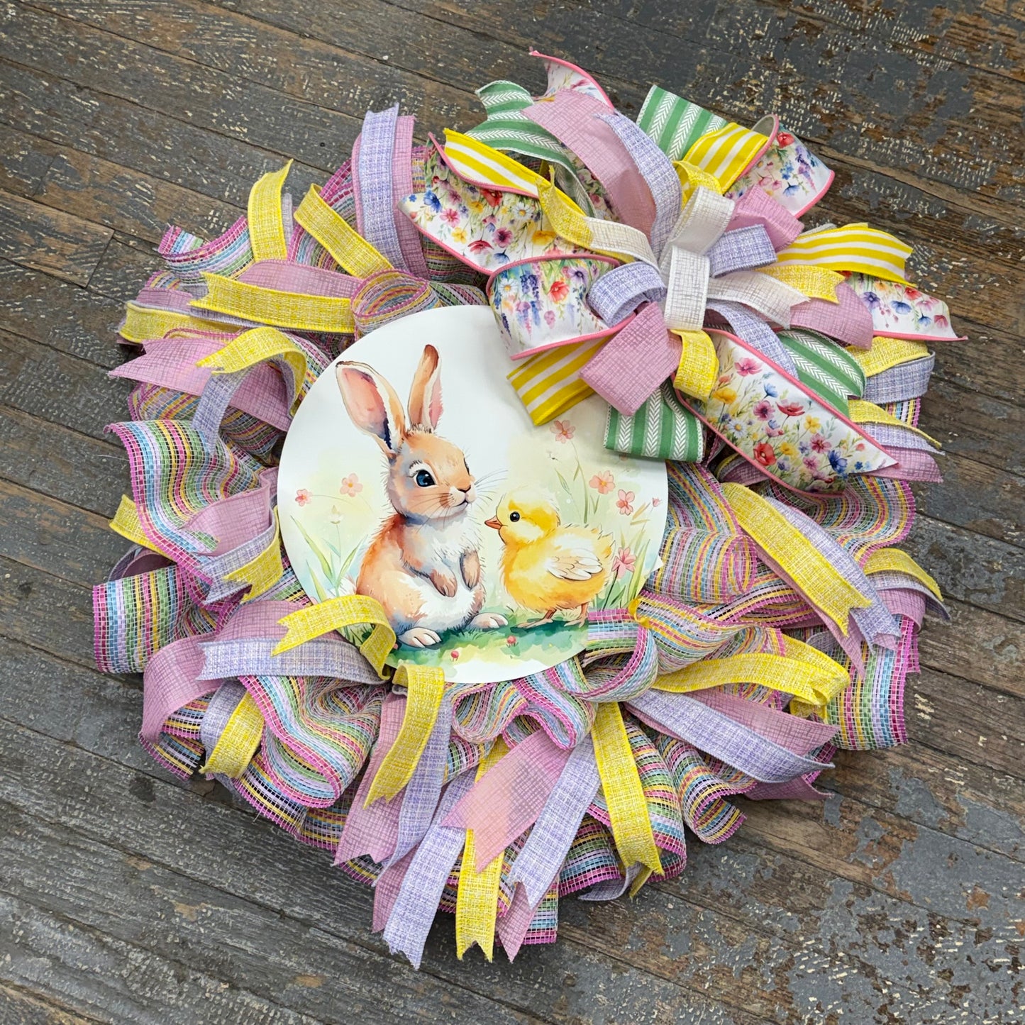Spring Easter Bunny Rabbit Chick Seasonal Holiday Wreath Door Hanger Pink Yellow