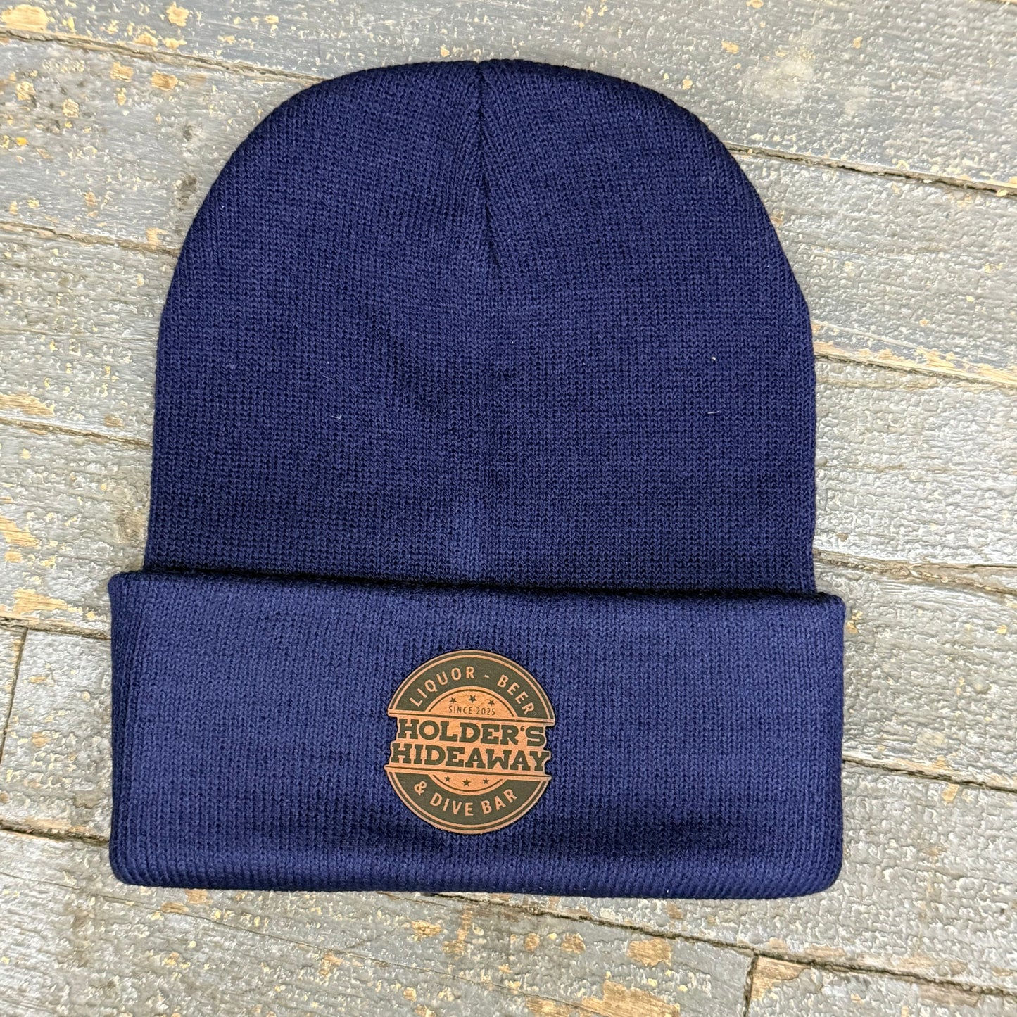 Holders Hideaway Leather Patch Beanie Ball Cap Fold Over Navy