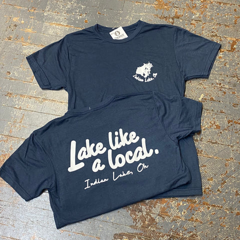 Lake Like a Local Indian Lake Map Navy Blue Graphic Designer Short Sleeve T-Shirt