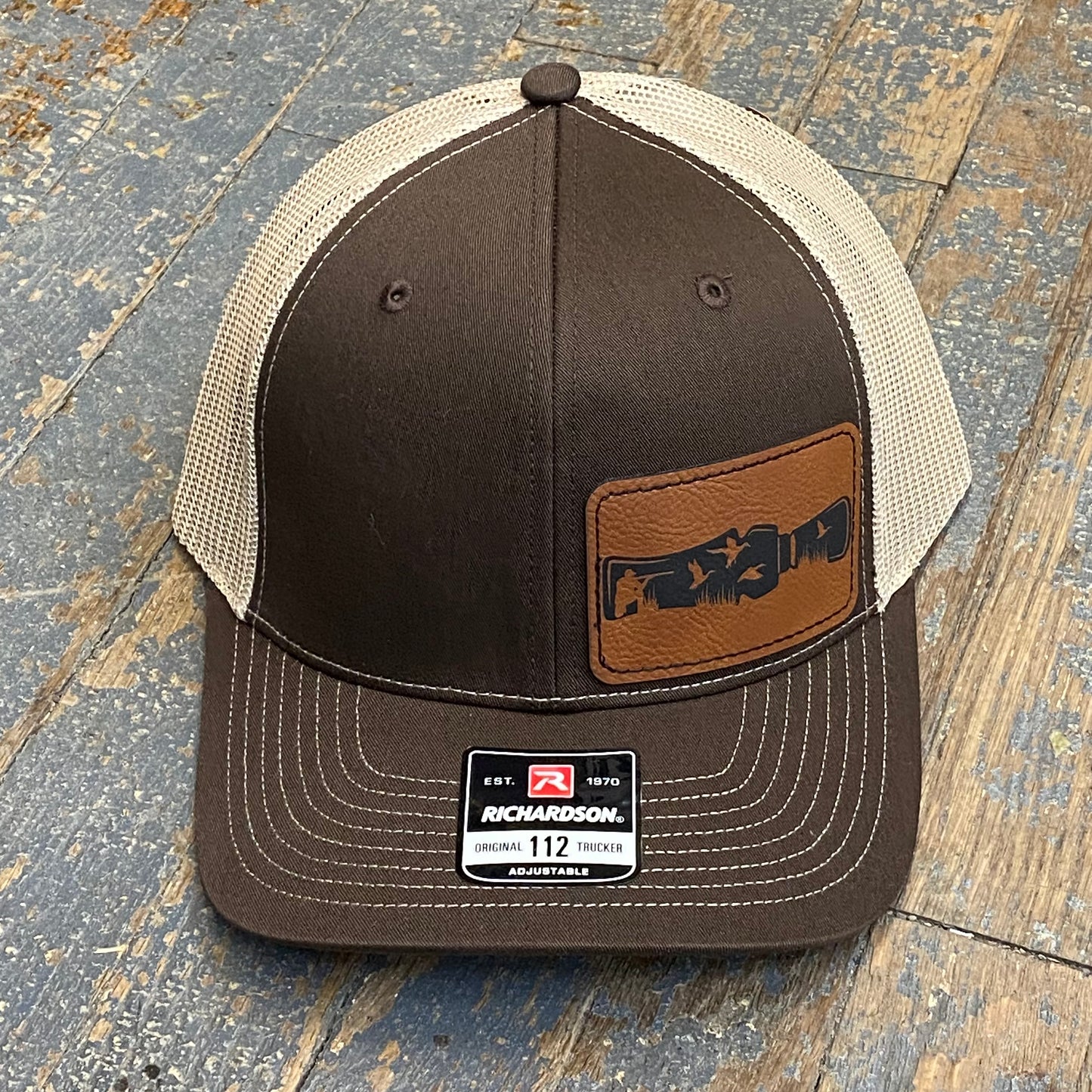 Duck Hunter Leather Patch Trucker Ball Cap Brown Tan