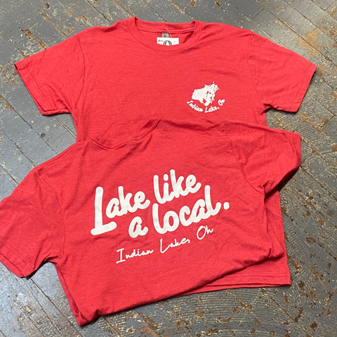 Lake Like a Local Indian Lake Map Red Graphic Designer Short Sleeve T-Shirt