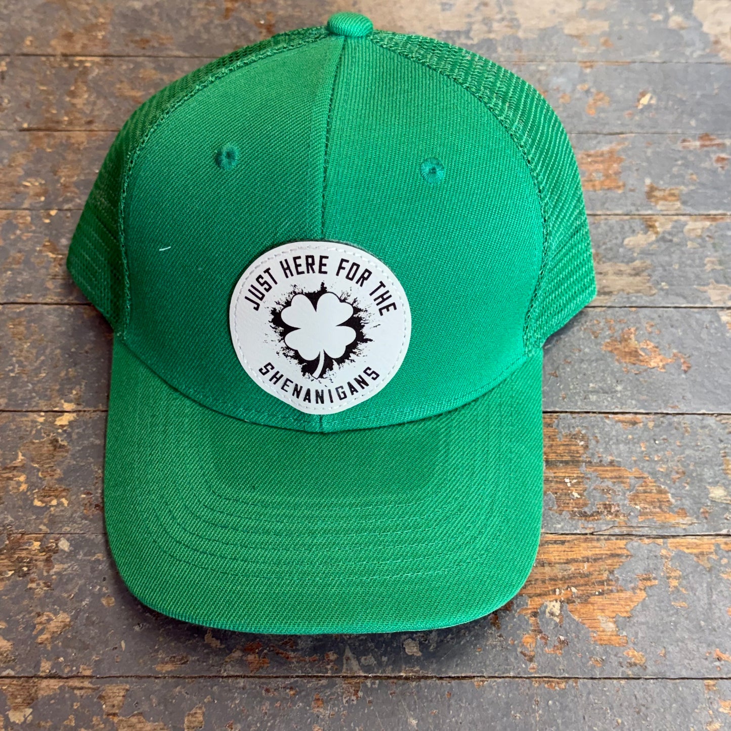 Here Shenanigans Clover Leather Patch Trucker Ball Cap Green