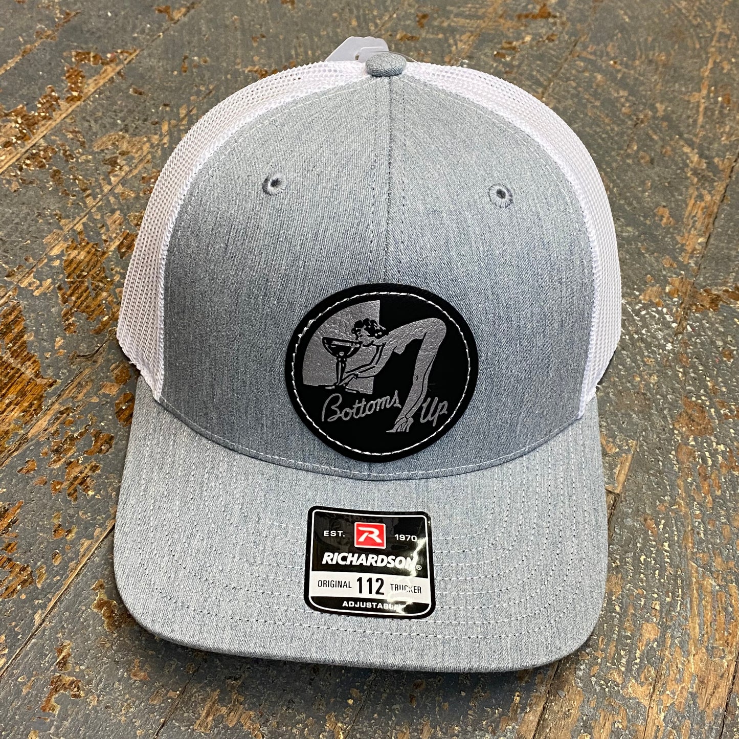Bottoms Up Leather Patch Trucker Ball Cap Grey White
