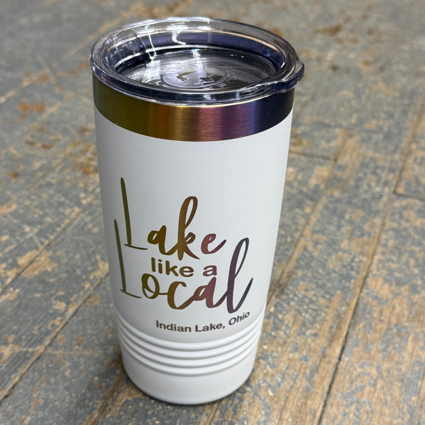 Lake Like Local Indian Lake Ohio Laser Engraved Rainbow Stainless Steel 20oz Wine Beverage Drink Travel Tumbler White
