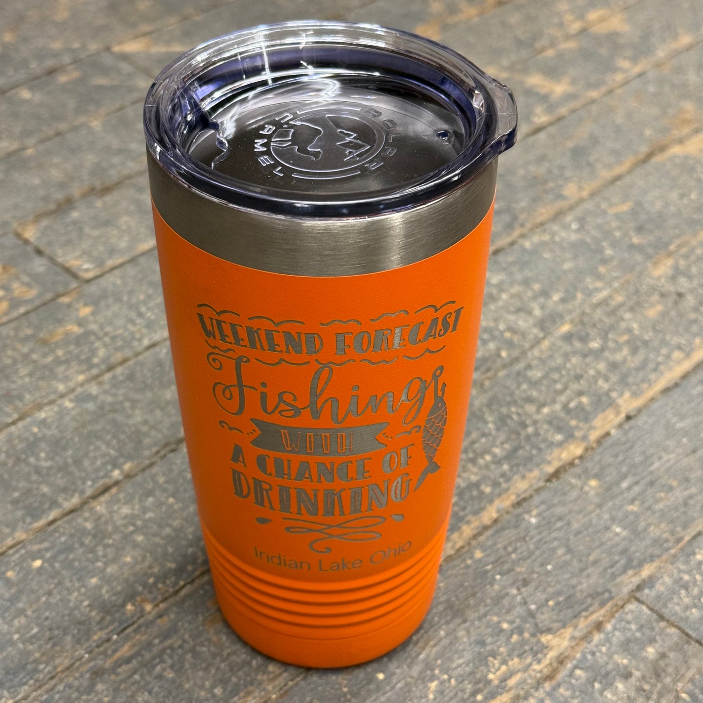 Weekend Forecast Fishing Indian Lake Ohio Laser Engraved Stainless Steel 20oz Wine Beverage Drink Travel Tumbler Orange