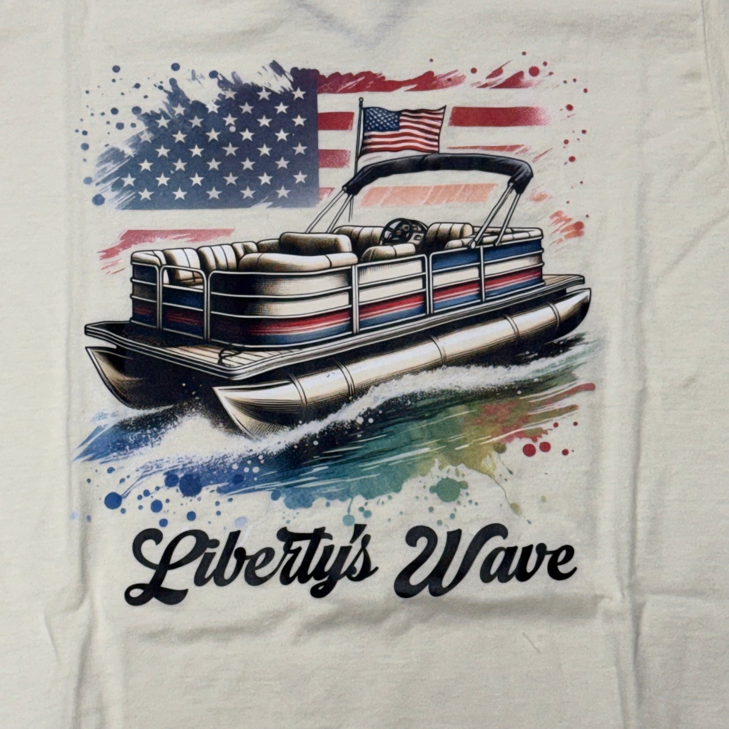Liberty Waves Pontoon Boat American Flag Cream Graphic Designer Short Sleeve T-Shirt