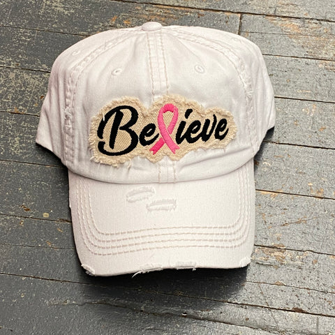 Believe Pink Ribbon Hat Patch Rugged White Embroidered Ball Cap