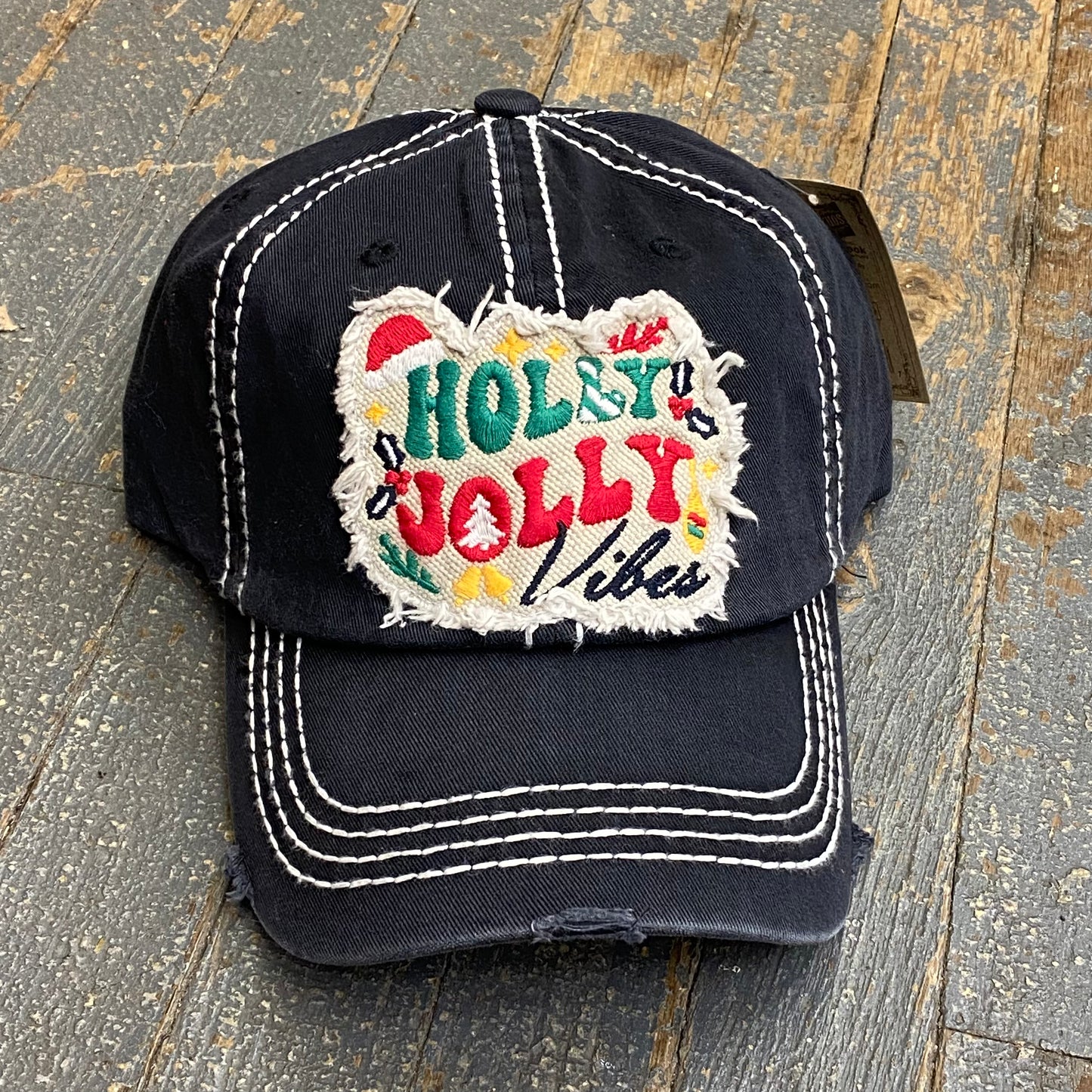 Holly Jolly Vibes Patch Rugged Black Embroidered Ball Cap
