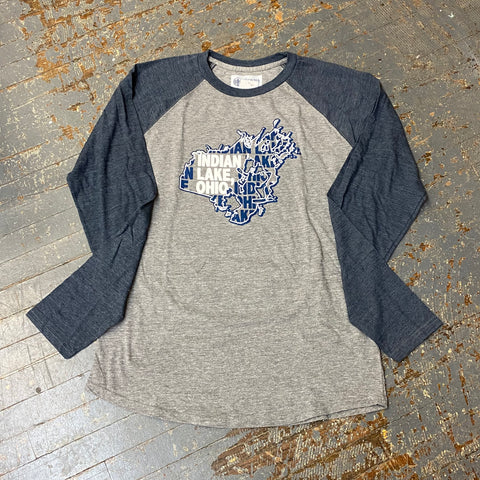 Indian Lake Ohio Map Grey Navy Graphic Designer Raglan Baseball Long Sleeve T-Shirt