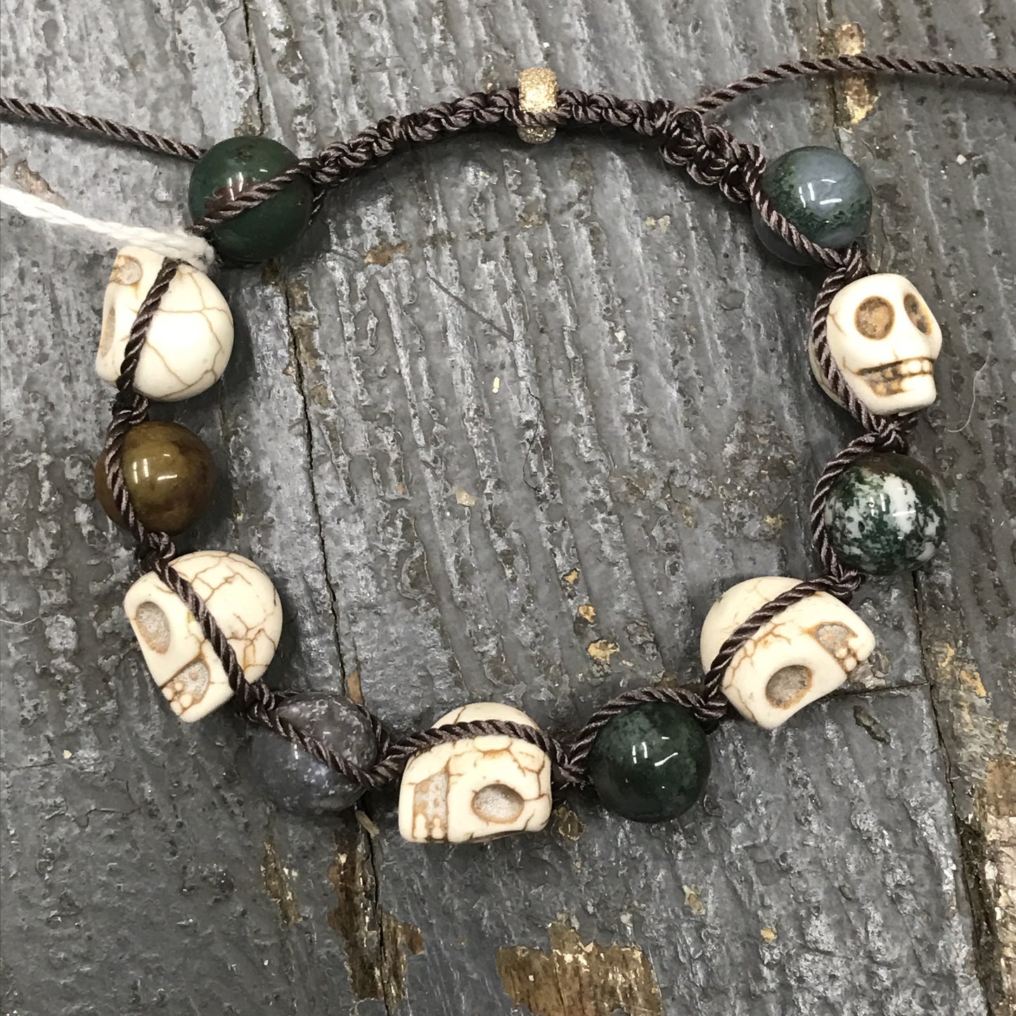 Semiprecious Gemstone Jasper Howlite Skull Biker Bracelet