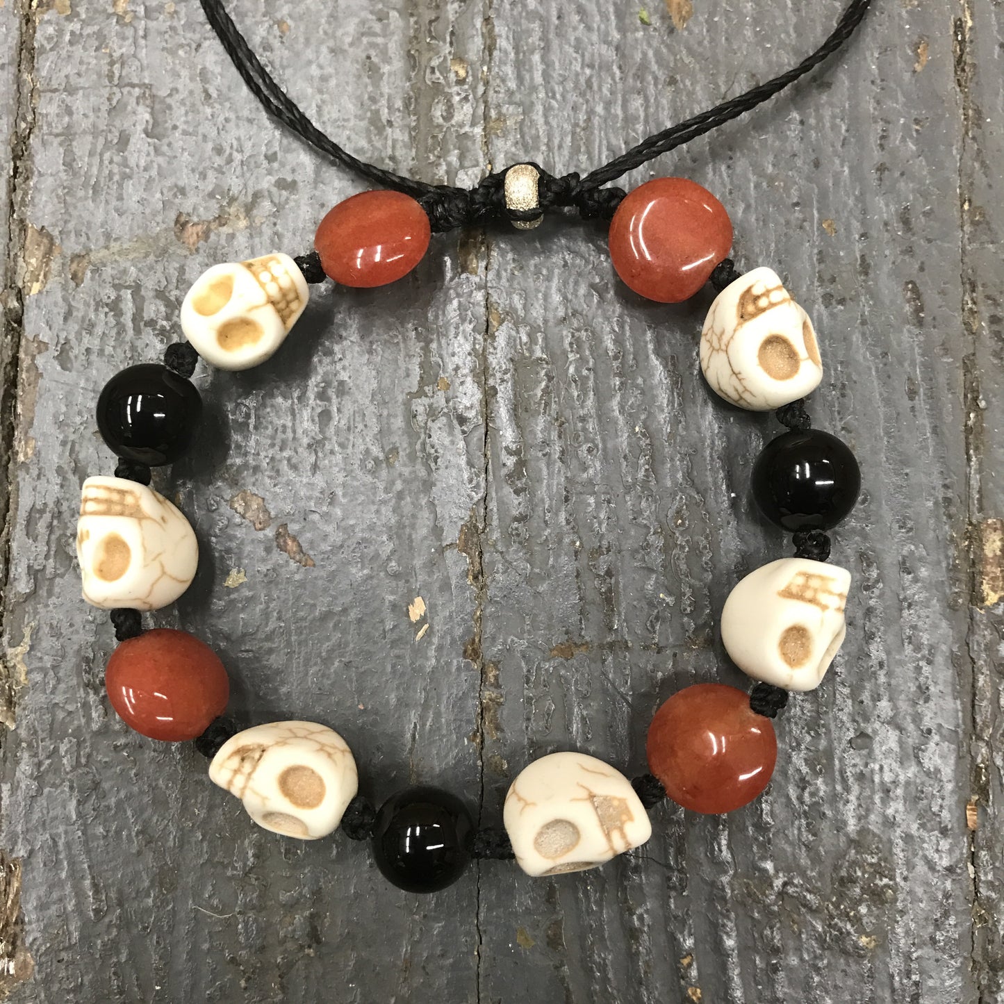 Semiprecious Gem Stone Black Onyx Skull Biker Bracelet