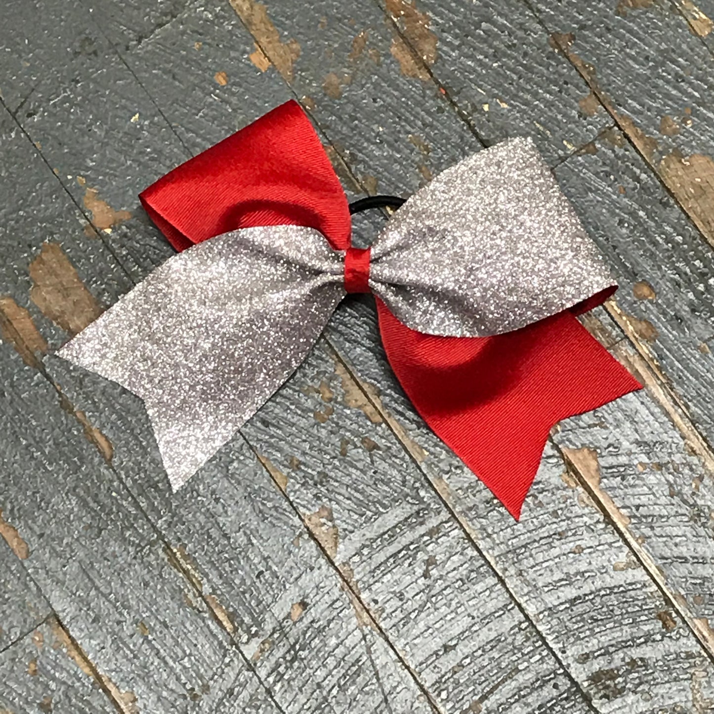 Hair Clip Ribbon Headband Cheer Team Spirit Big JoJo Bow Fine Glitter Red Silver