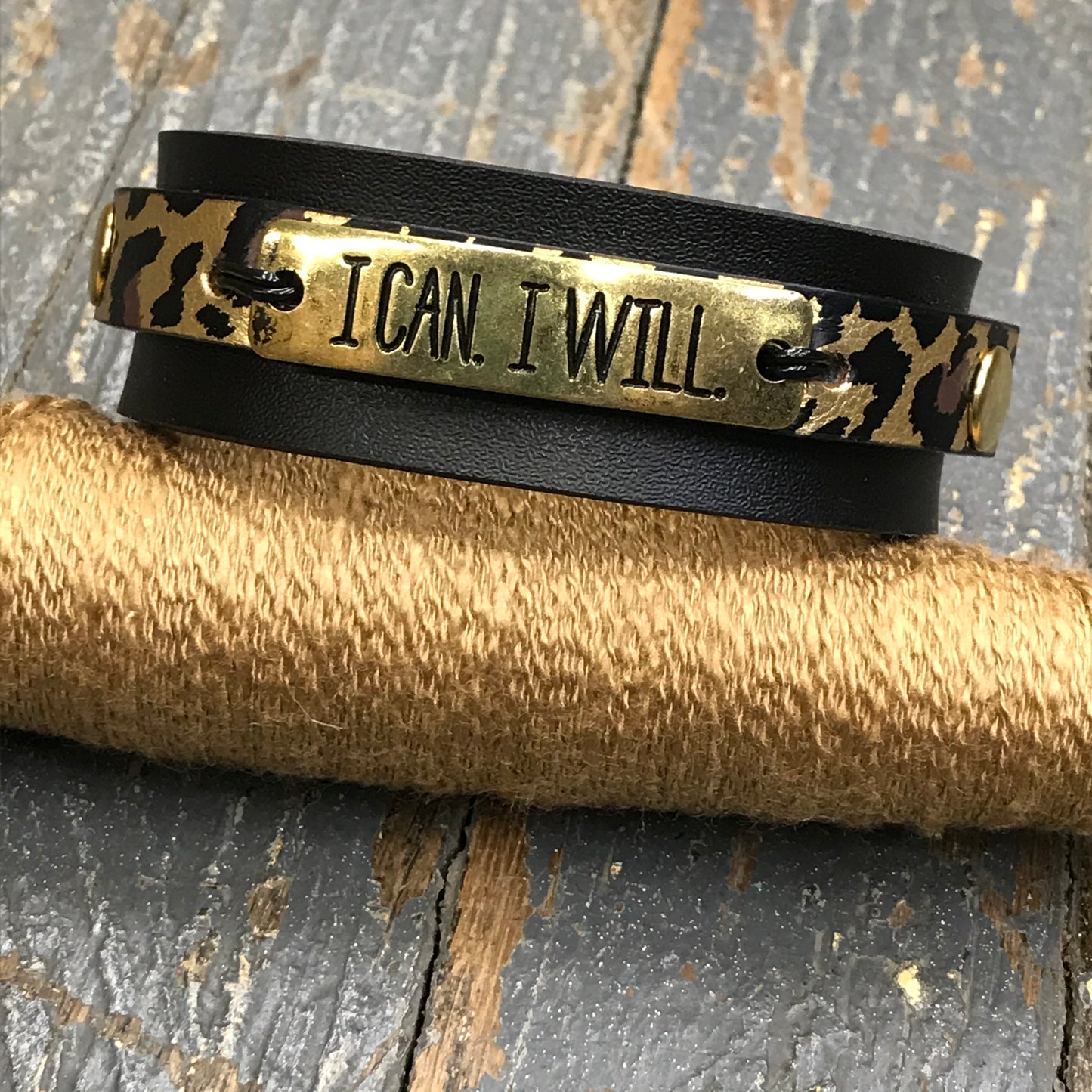 Black Leather Gold Leopard Plate I Can I Will Belt Snap Bracelet