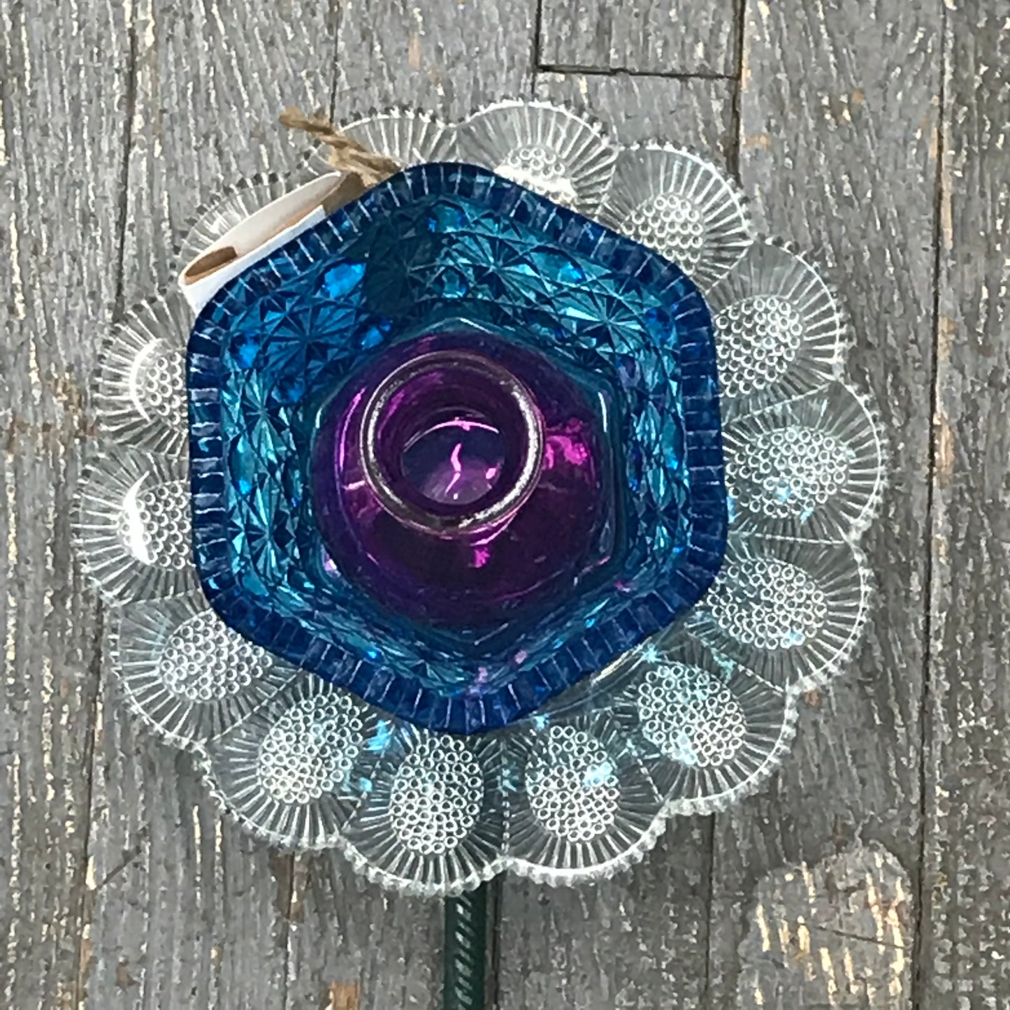 Depression Glass Garden Flower Small Clear Egg Blue Violet Center
