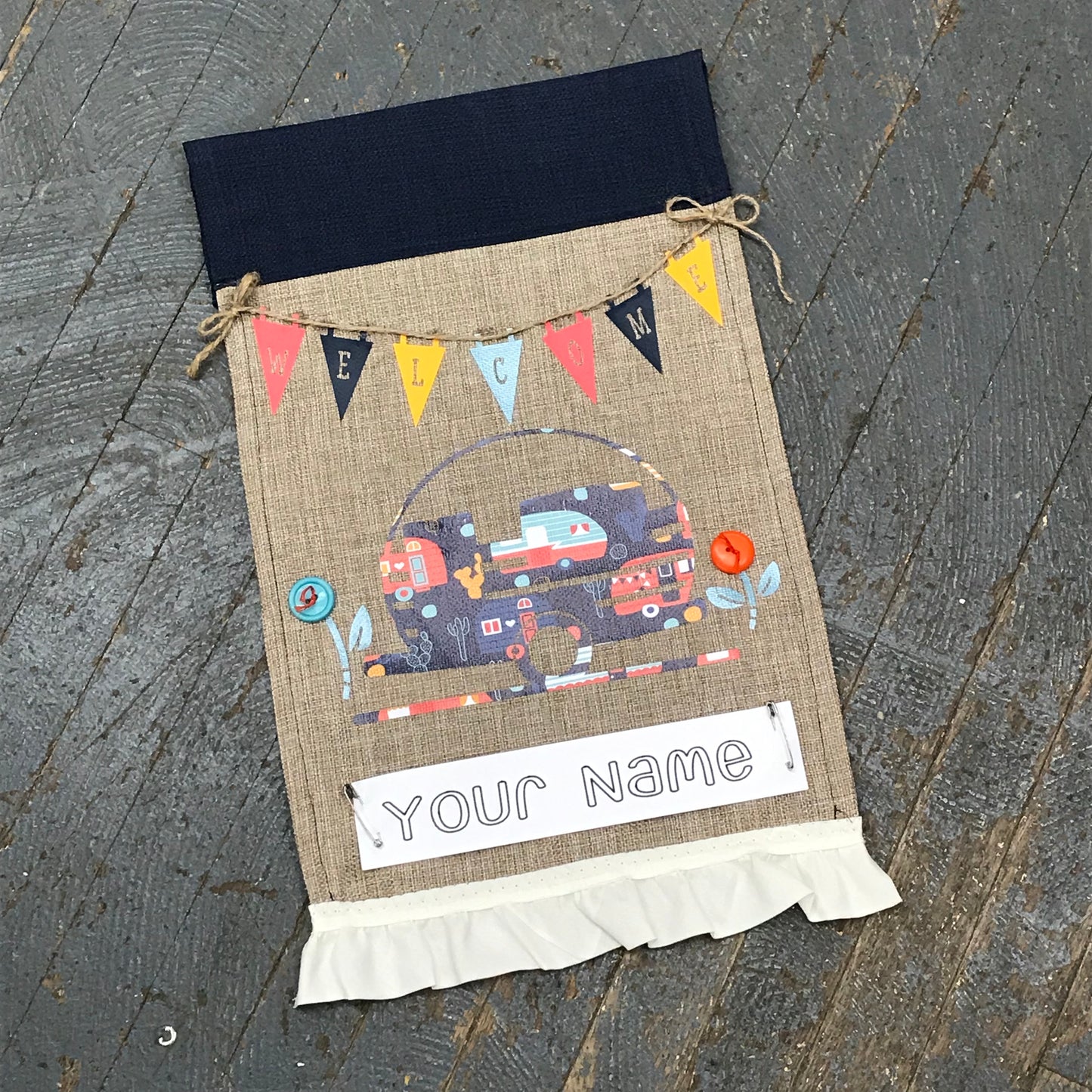 Personalized Name Camper Garden Flag Welcome Pennant Blue Colors
