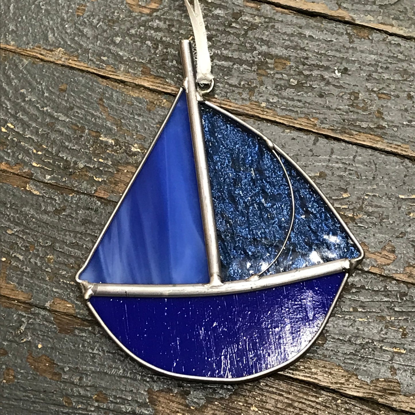 Stained Glass Sun Catcher Ornament Sailboat Blue