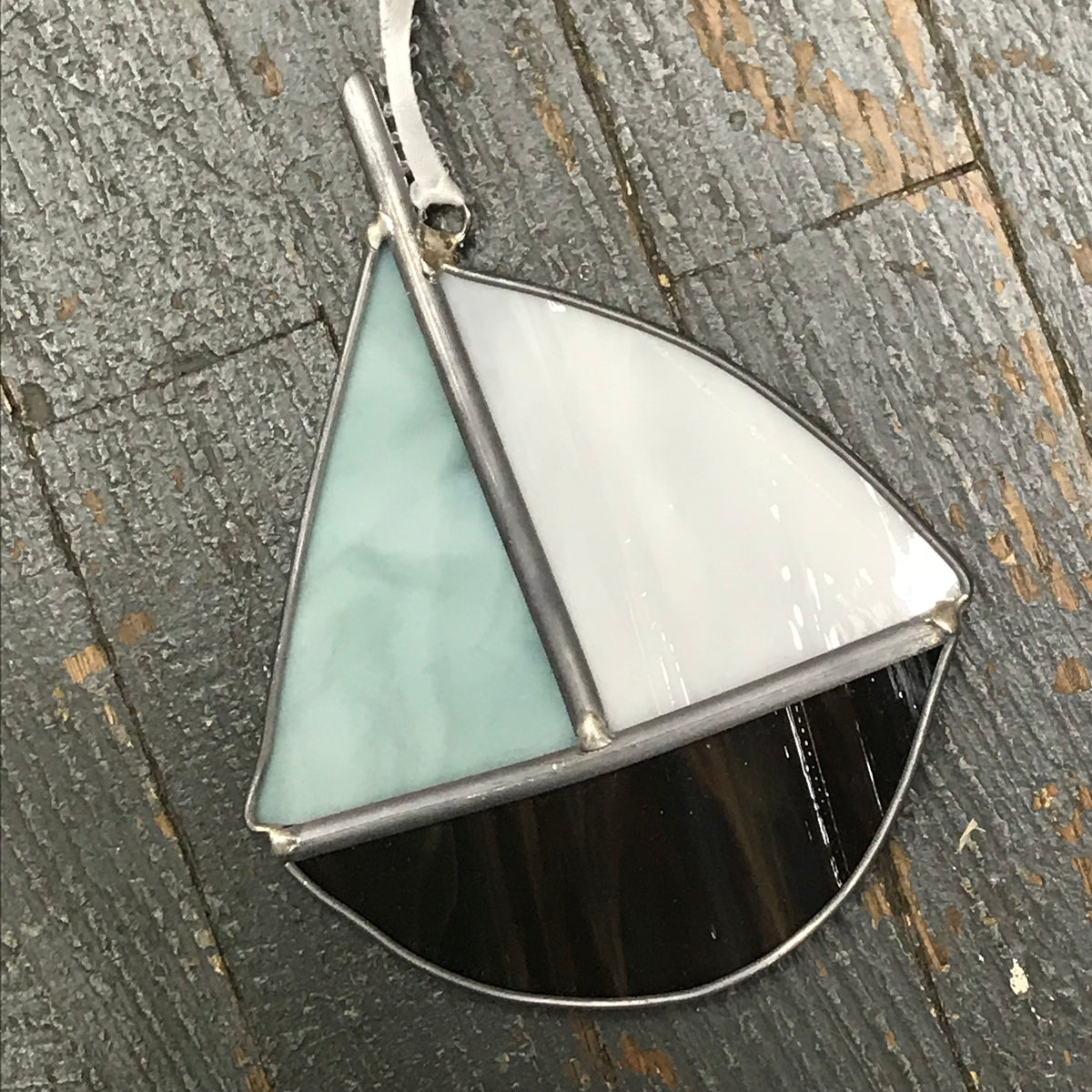Stained Glass Sun Catcher Ornament Sailboat Blue White Sail Brown Boat