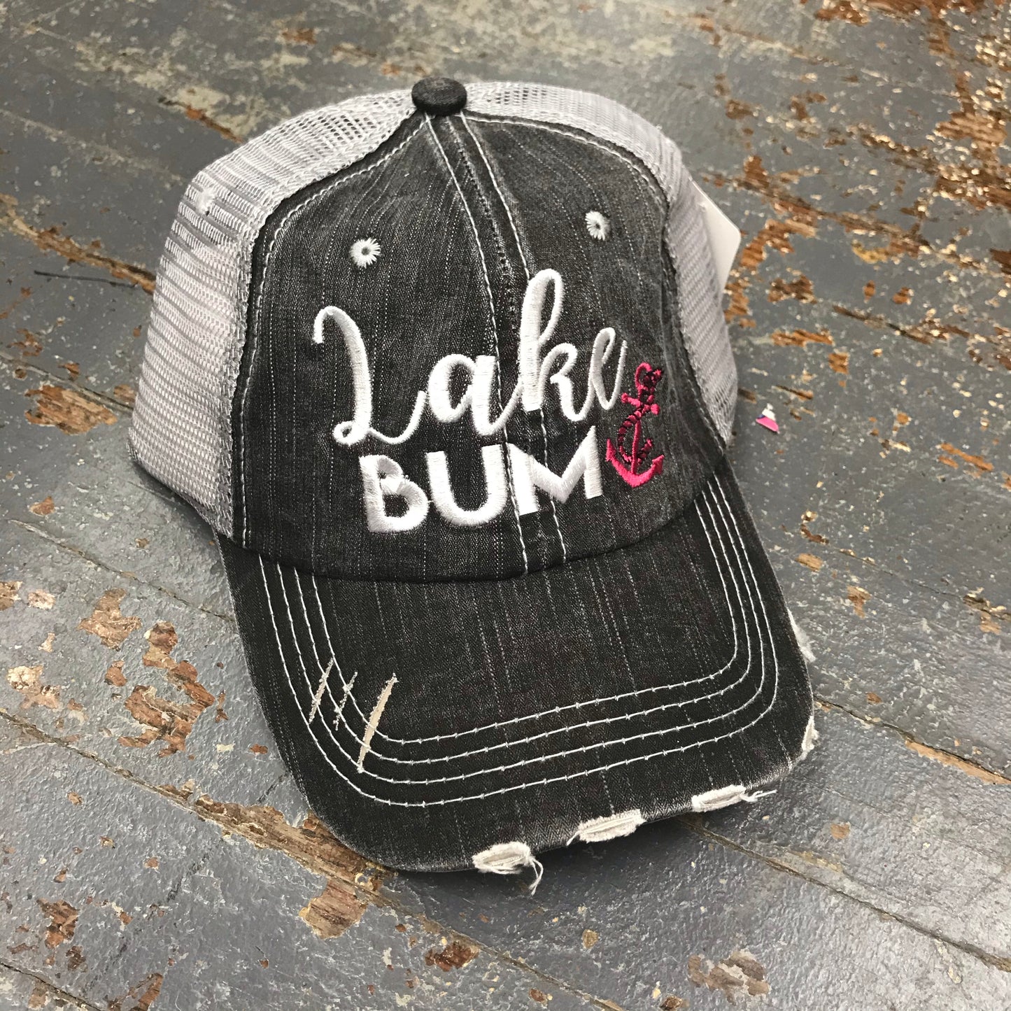 Lake Bum Anchor Grey Pink Rugged Embroidered Ball Cap