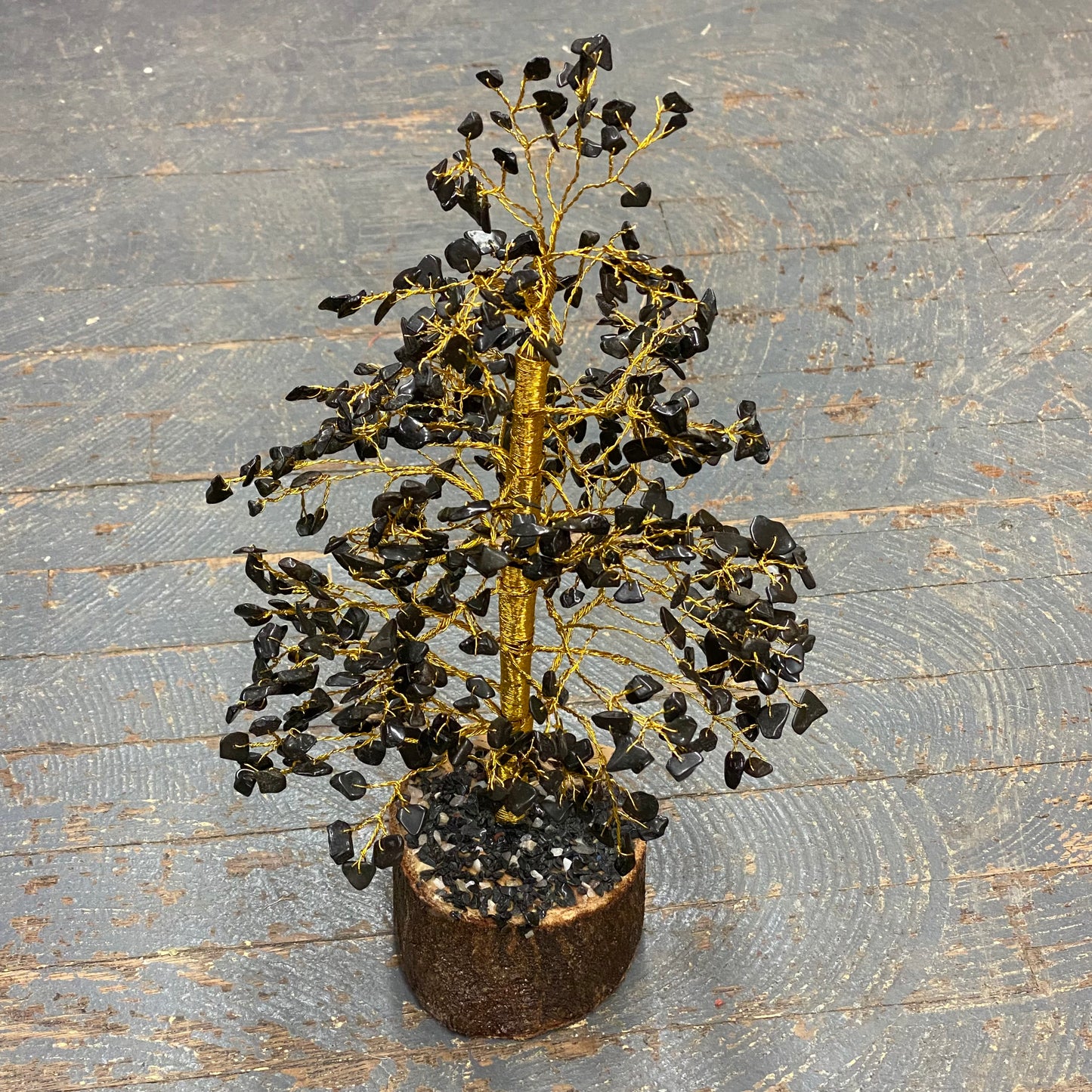 Semiprecious Natural Gemstone Wishing Tree Large Black Tourmaline Gold Wire