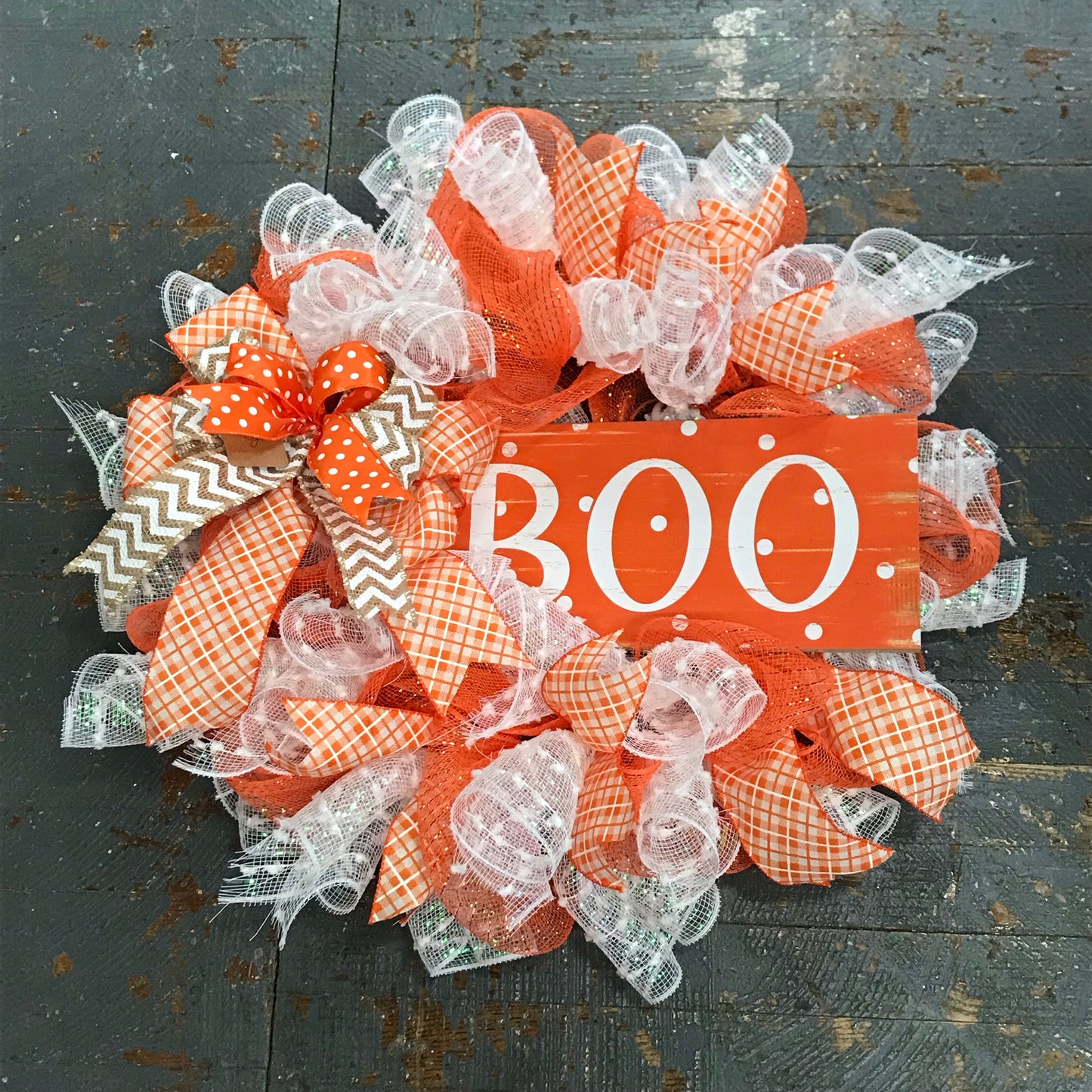 Boo Halloween Orange White Seasonal Holiday Wreath Door Hanger