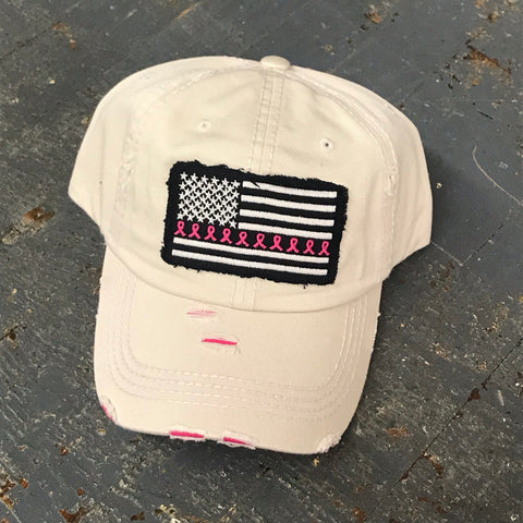 American Flag Breast Cancer Ribbon Line Patch Khaki Embroidered Ball Cap