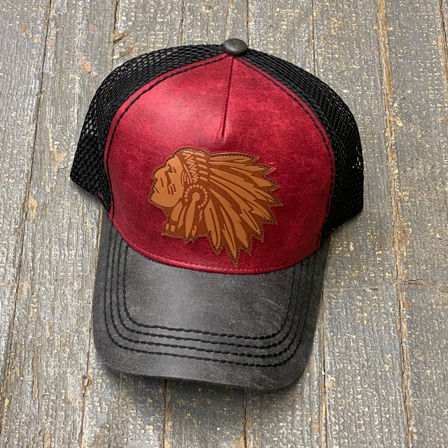 Indian Head Leather Patch Red Leather Trucker Ball Cap