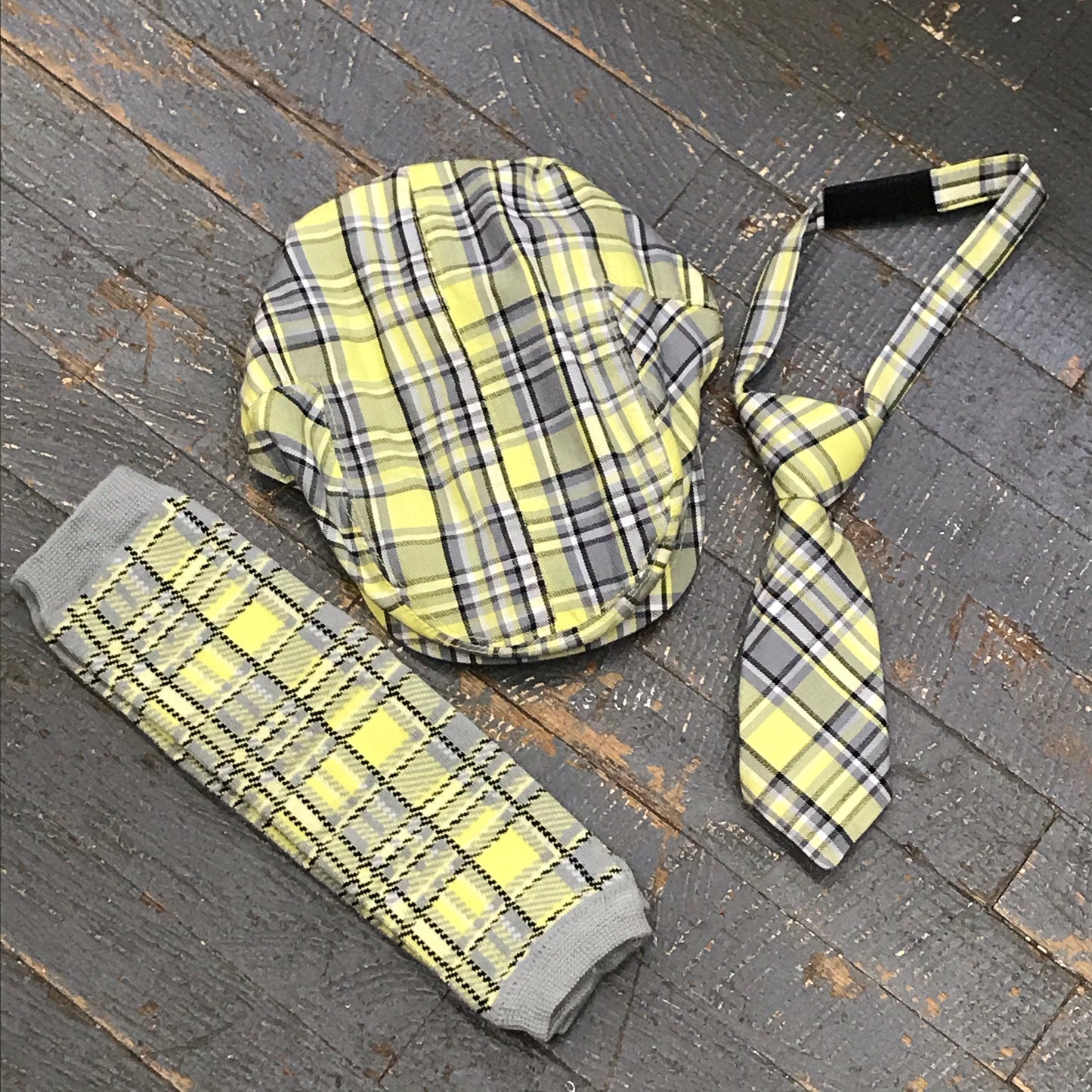 Infant Toddler Baby Cabbie Hat Tie Legwarmer Set Yellow Grey Plaid