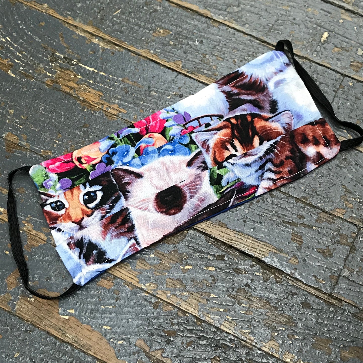 Blue Flower Kitty Cat Kitten Handmade Cotton Cloth Face Mask Reversible Reusable