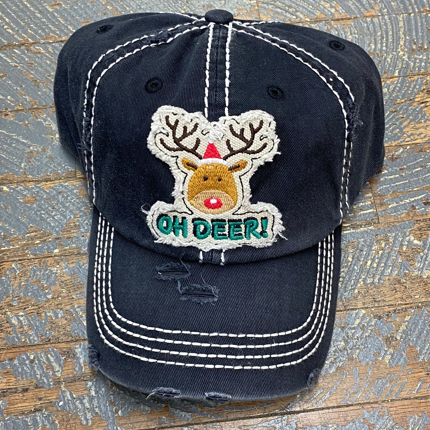 Oh Deer Reindeer Patch Rugged Black Embroidered Ball Cap