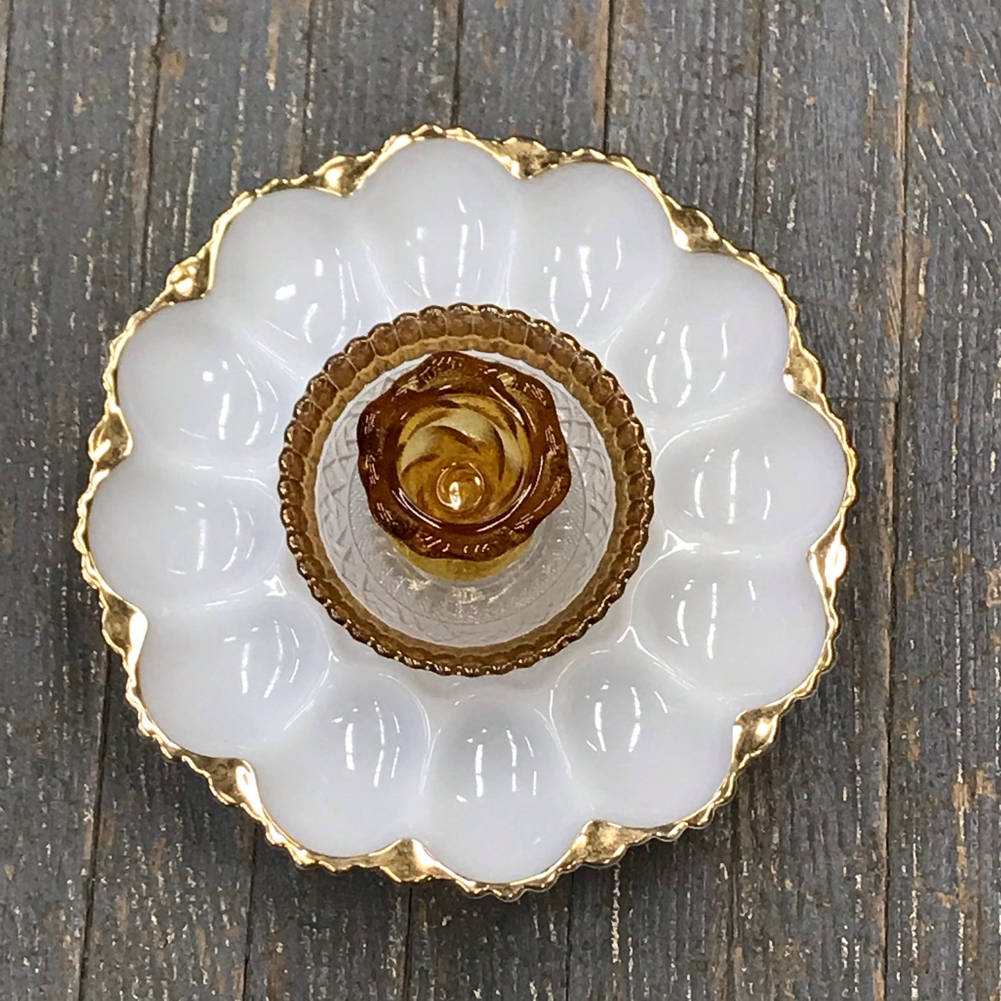 Depression Glass Garden Flower Medium Egg Tray Gold Trim Teal Blue