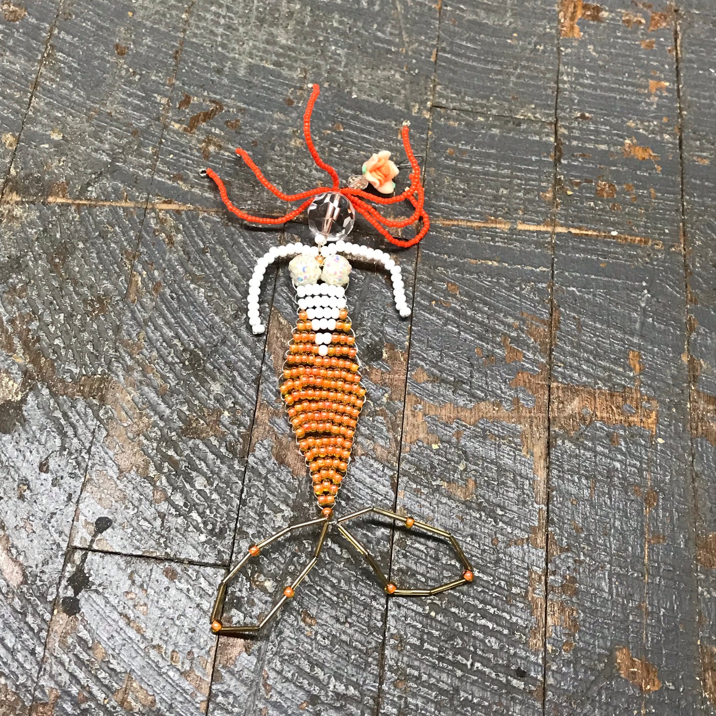 Beaded Mermaid Ocean Art with Stand Orange Tones