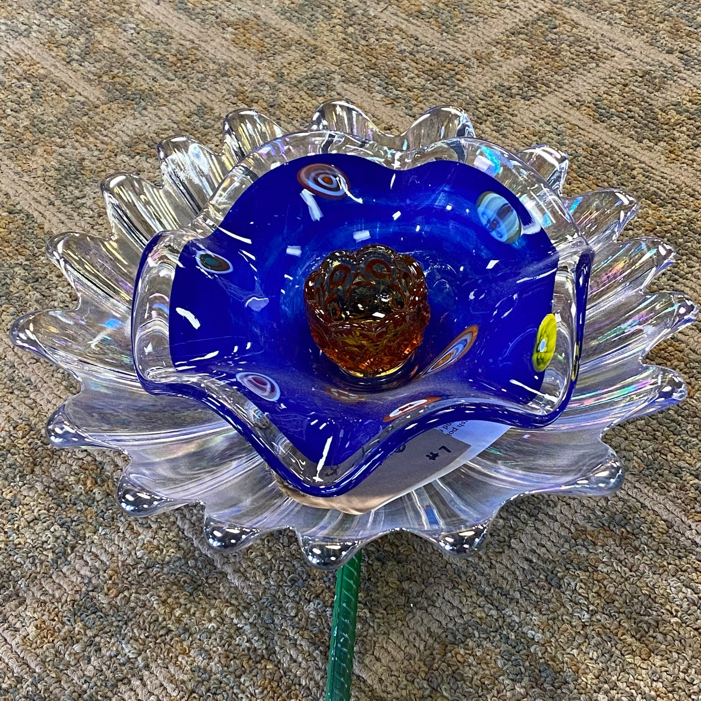 Depression Glass Garden Flower Large Opaque Blue Circle Orange Center