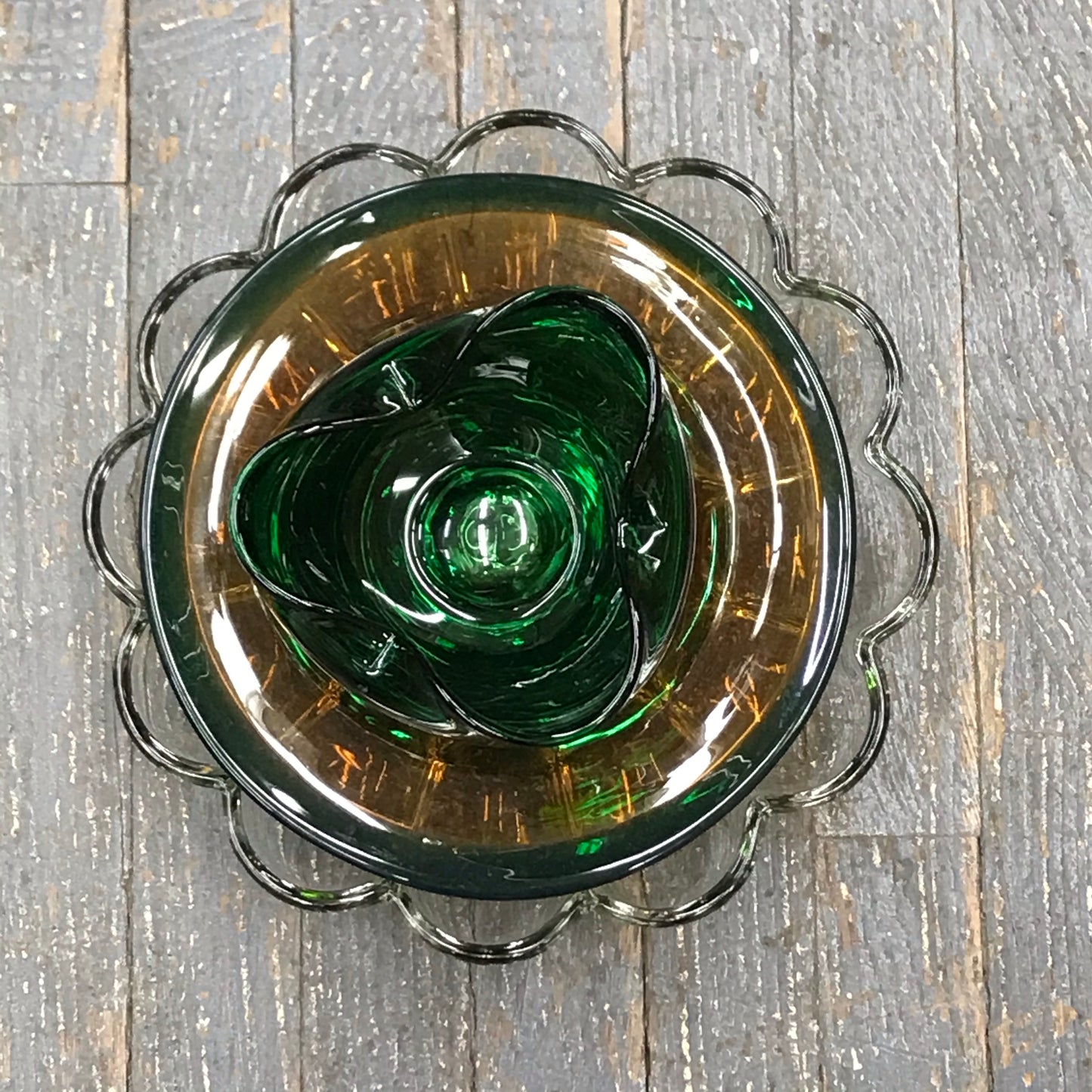 Depression Glass Garden Flower Large Egg Tray Amber Green Pinch Triangle