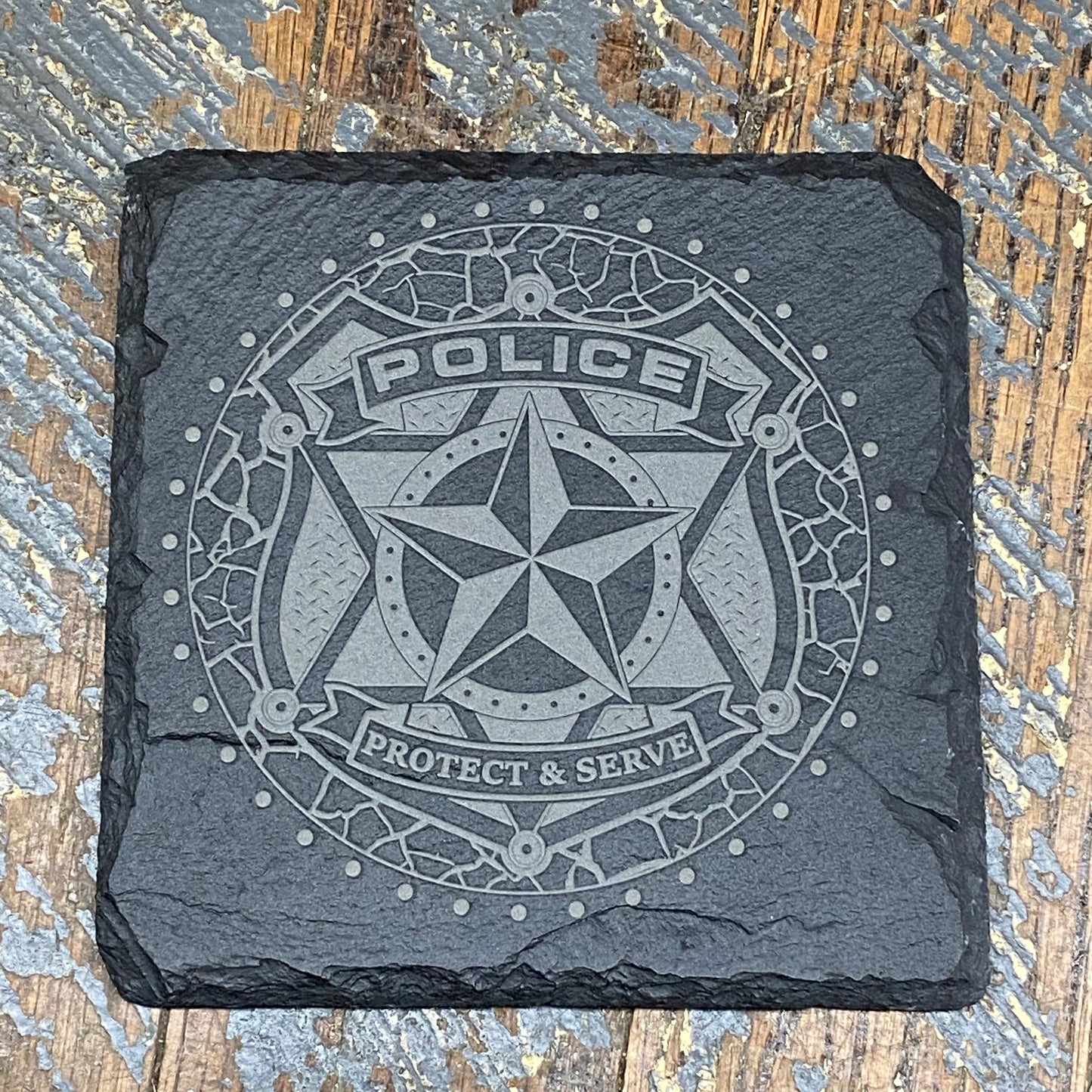 Laser Engraved Slate Tile Coaster Police Badge Protect Serve