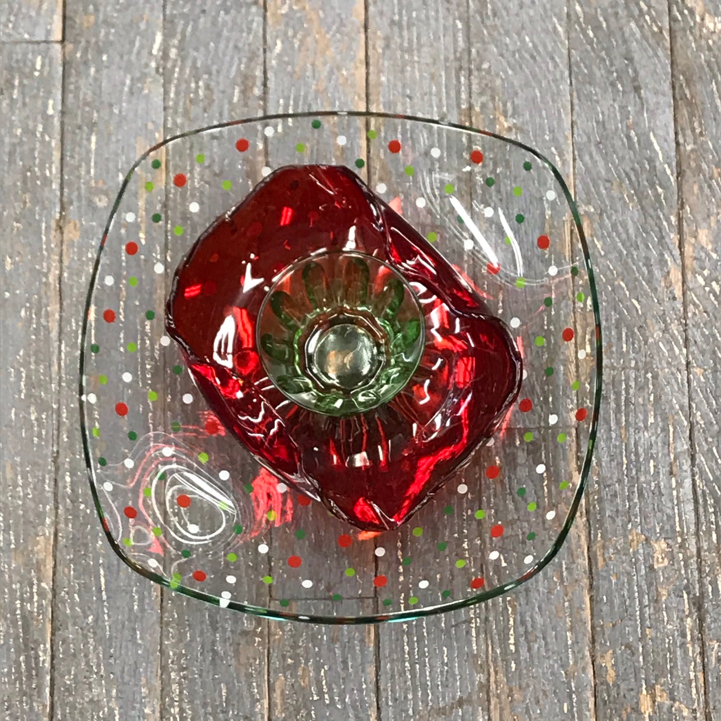 Depression Glass Garden Flower Medium Red Green Polka Dot