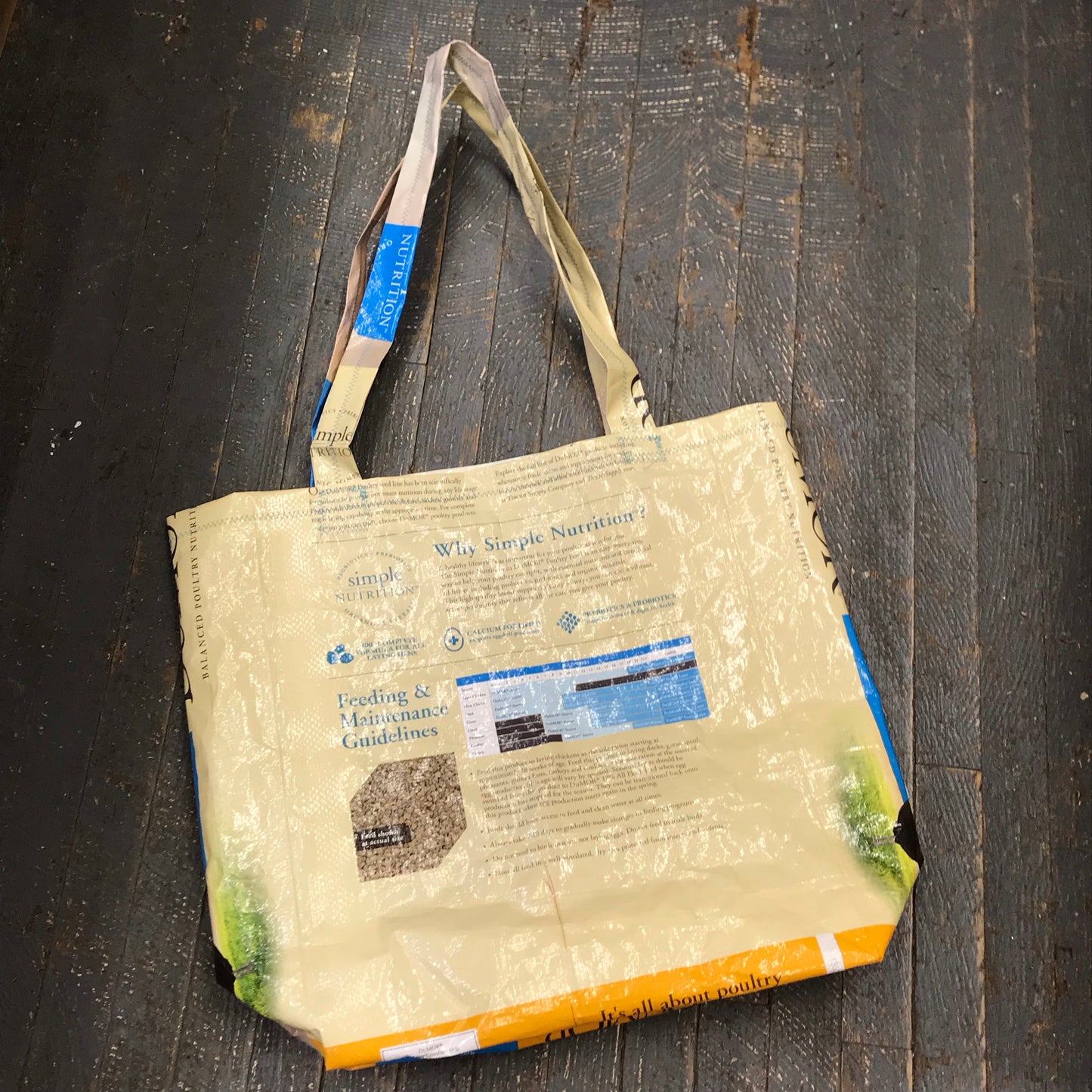Upcycled Tote Purse Feed Bag Handmade Large Dumor Blue Chicken Seed Handle Bag