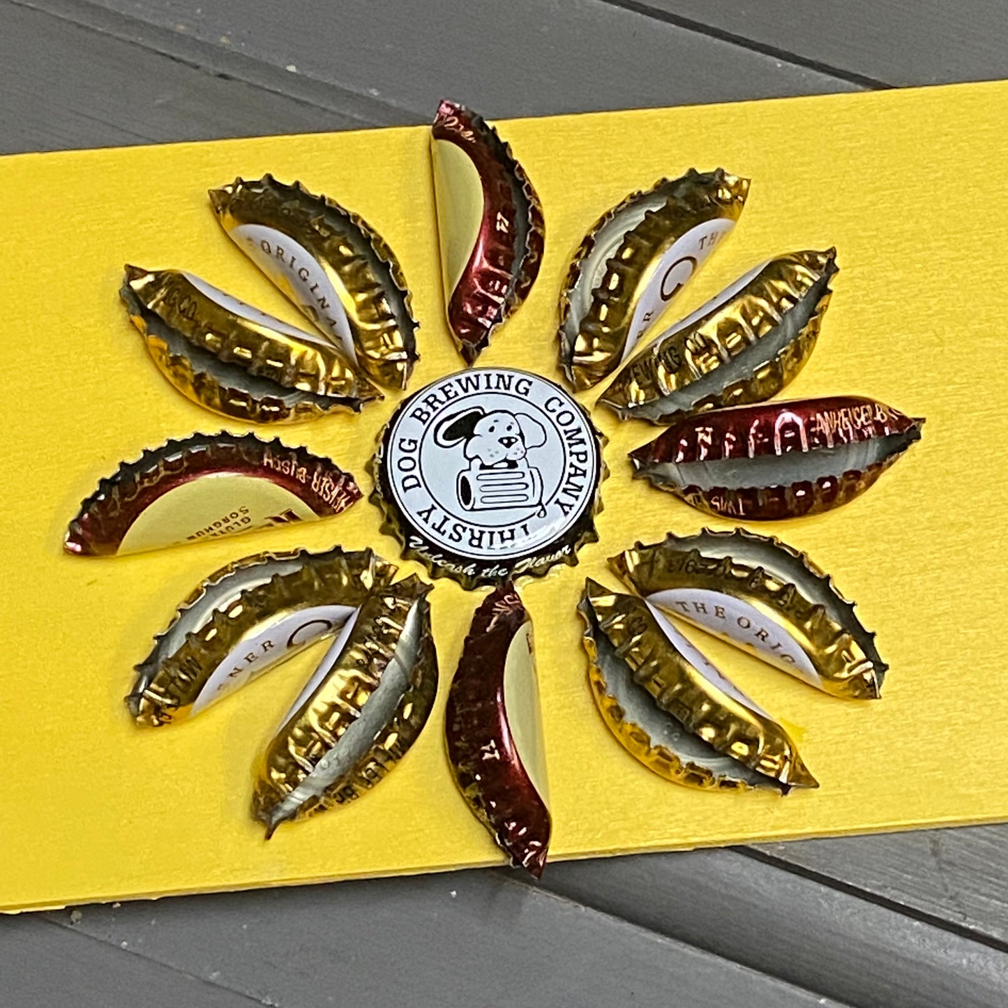 Bottle Cap Flower Design Sign Horizontal Yellow Thirsty Dog Brewing Co