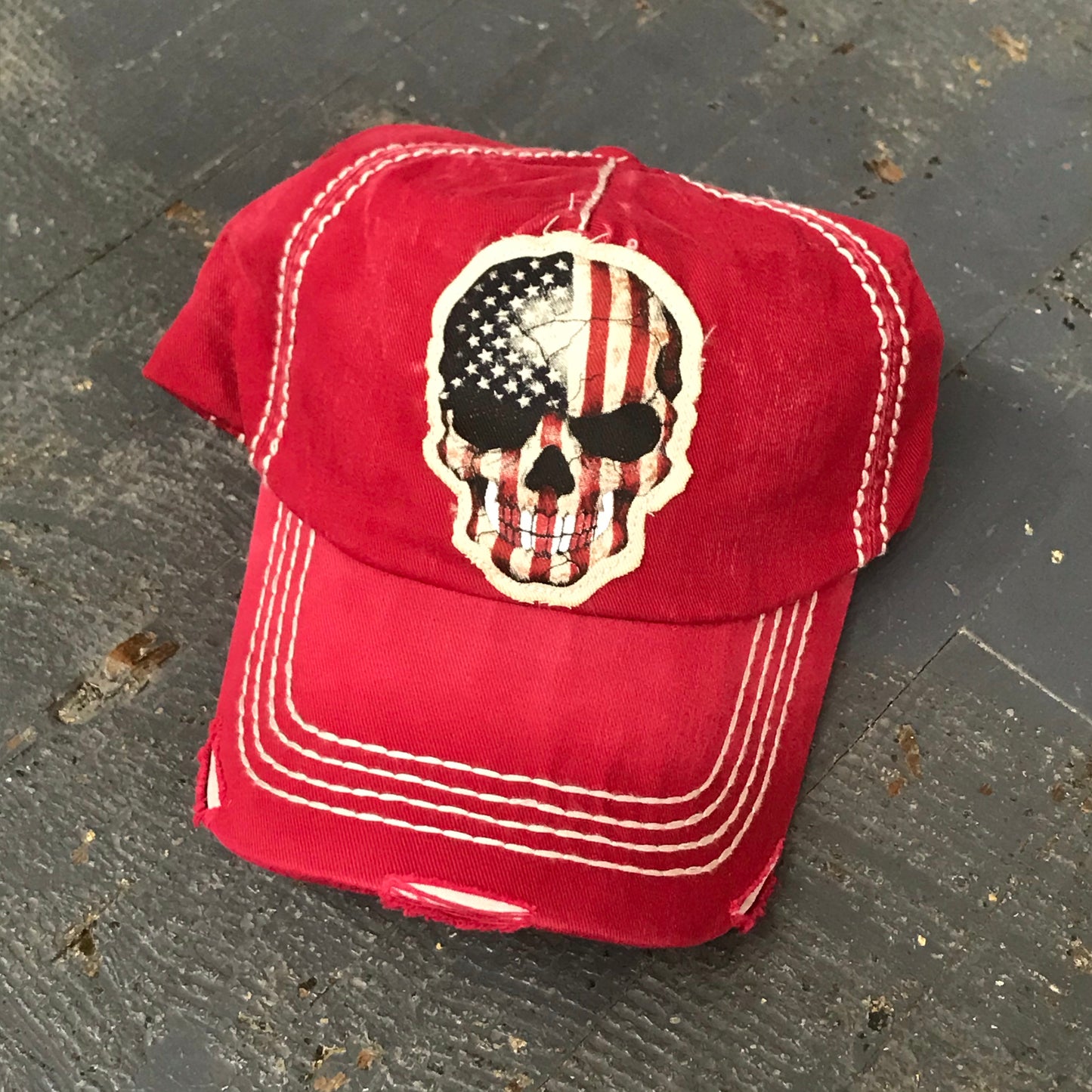 American Flag Skull Rugged Patch Red Embroidered Ball Cap