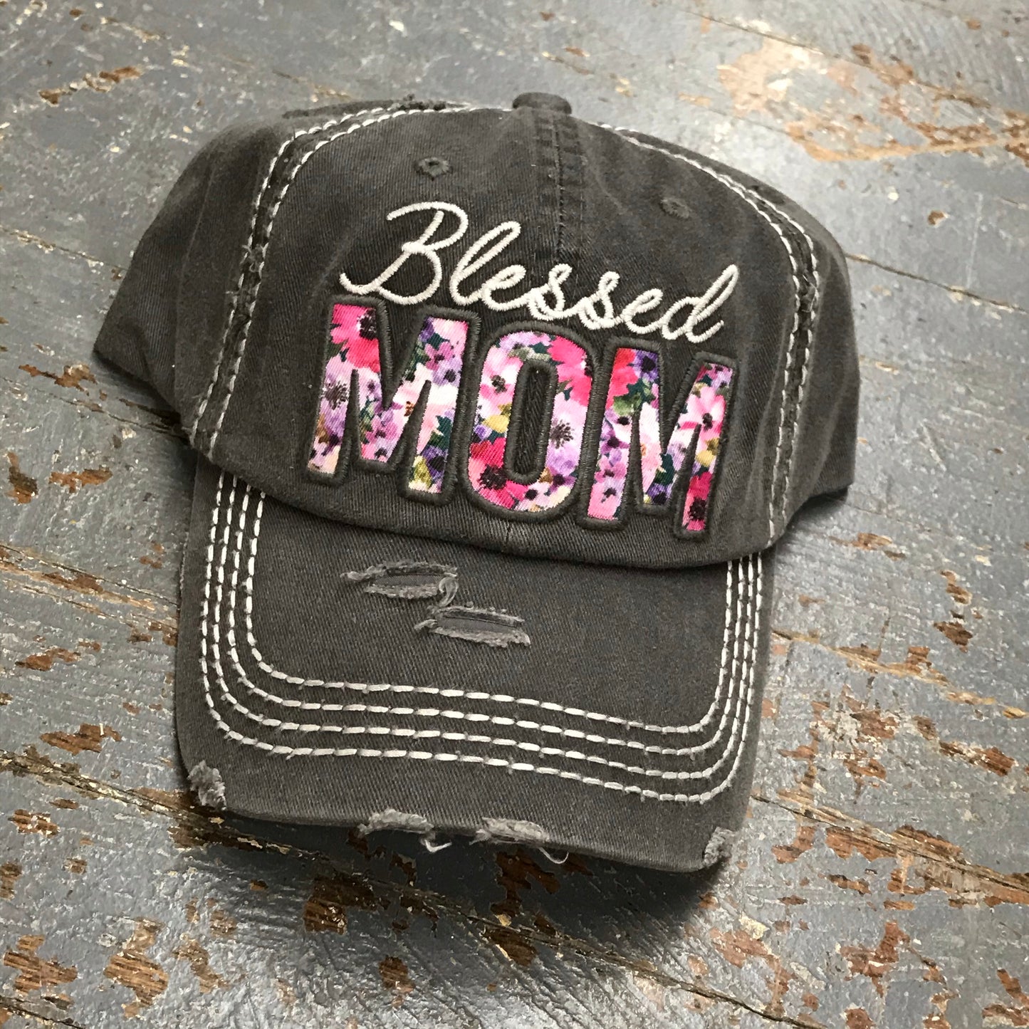 Blessed Mom Floral Rugged Black Embroidered Ball Cap