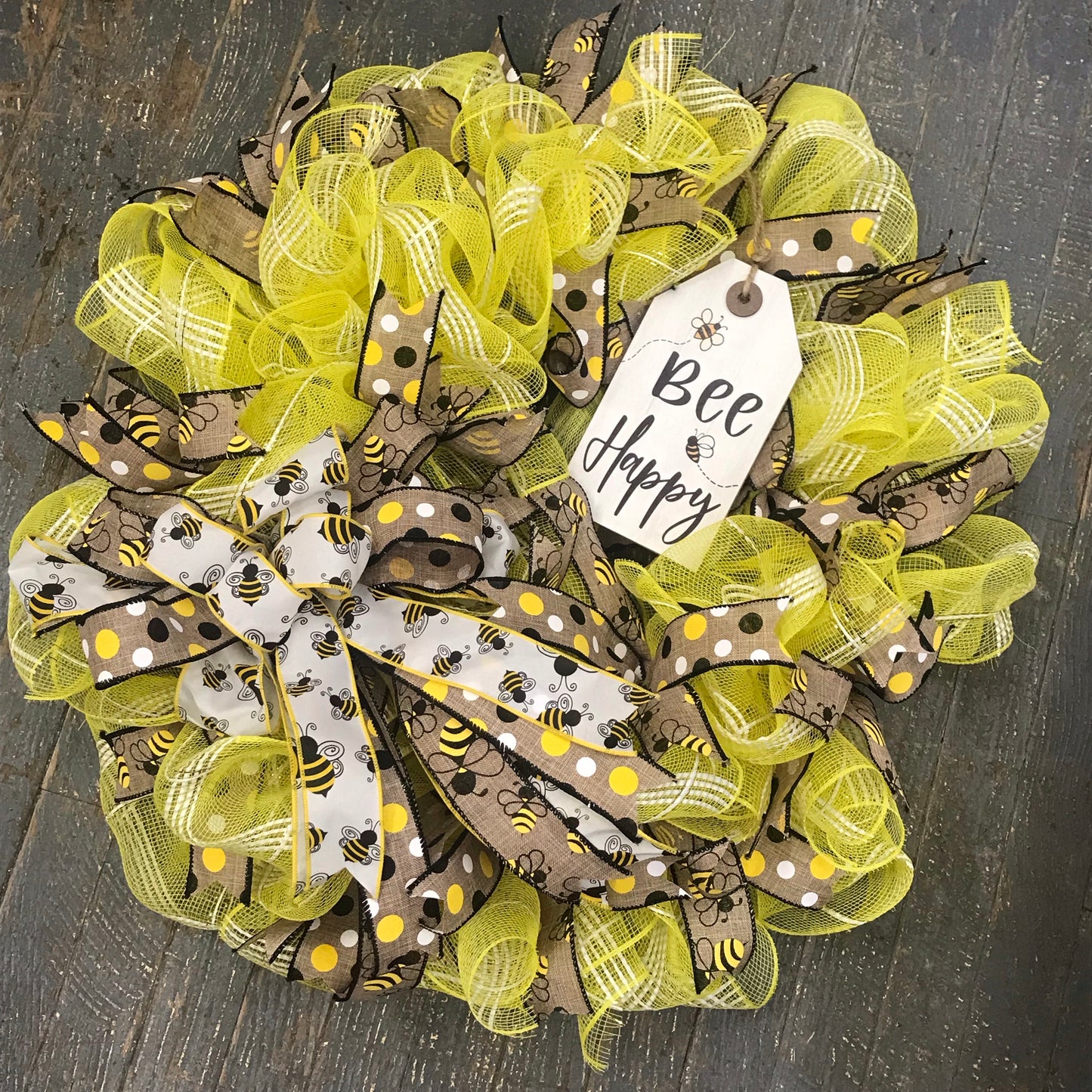 Bee Happy Black Yellow Bumble Bee Holiday Wreath Door Hanger